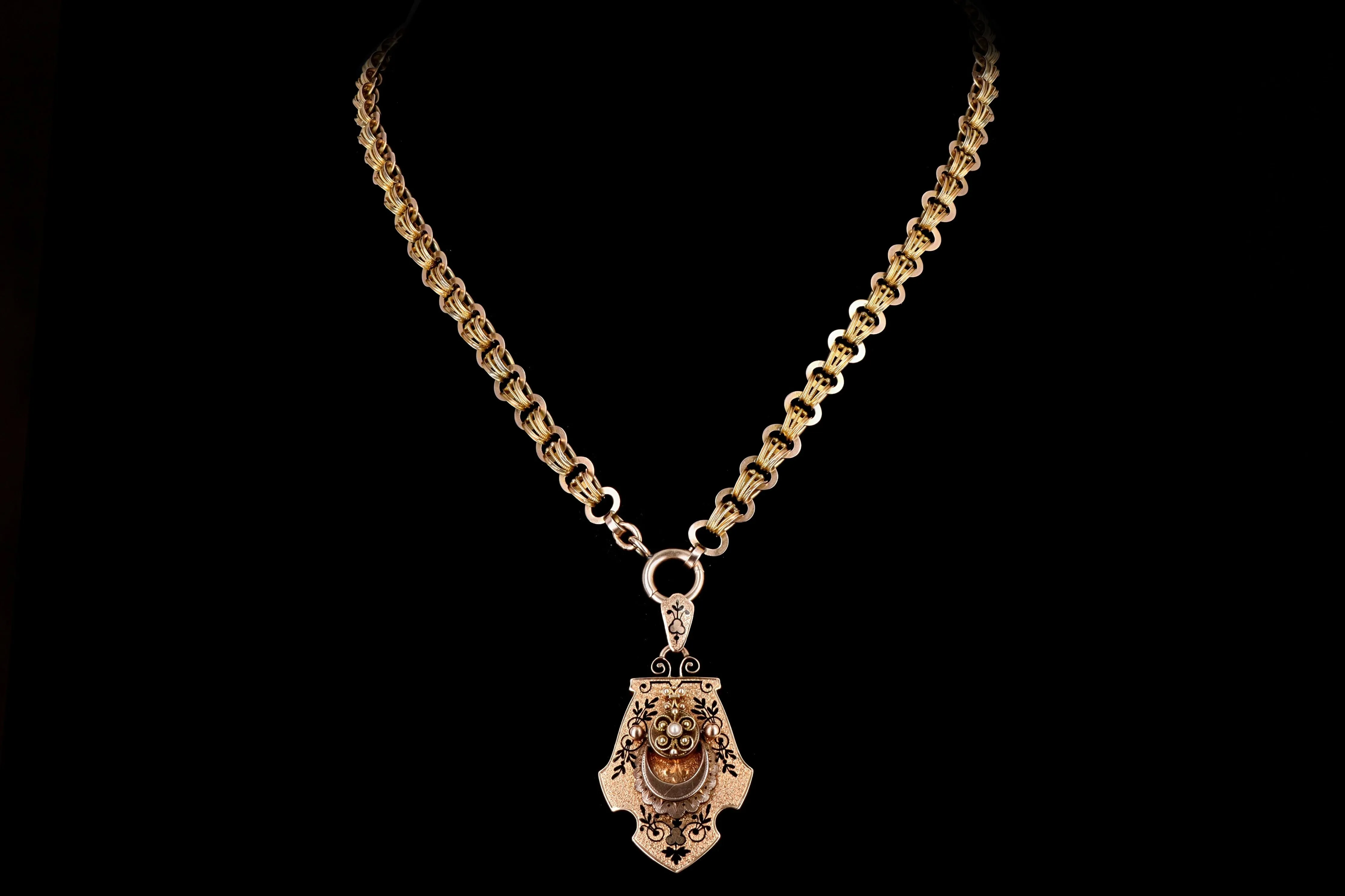 Victorian 14K Rose Gold & Enamel Seed Pearl Locket Pendant Necklace