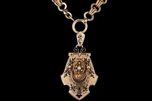 Victorian 14K Rose Gold & Enamel Seed Pearl Locket Pendant Necklace