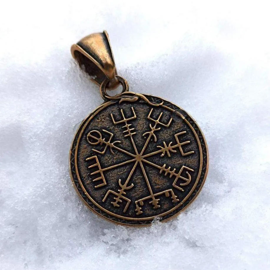 Viking long ship bronze pendant with Vegvisir rune