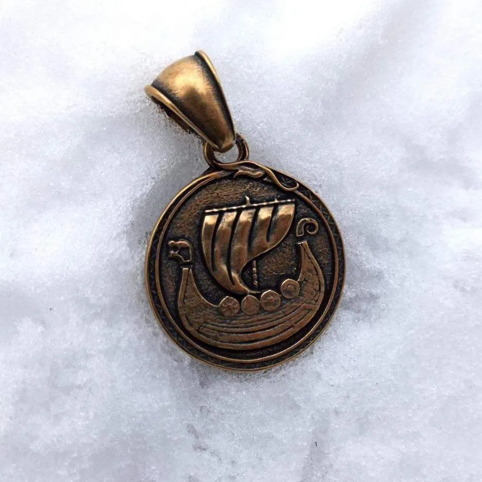Viking long ship bronze pendant with Vegvisir rune