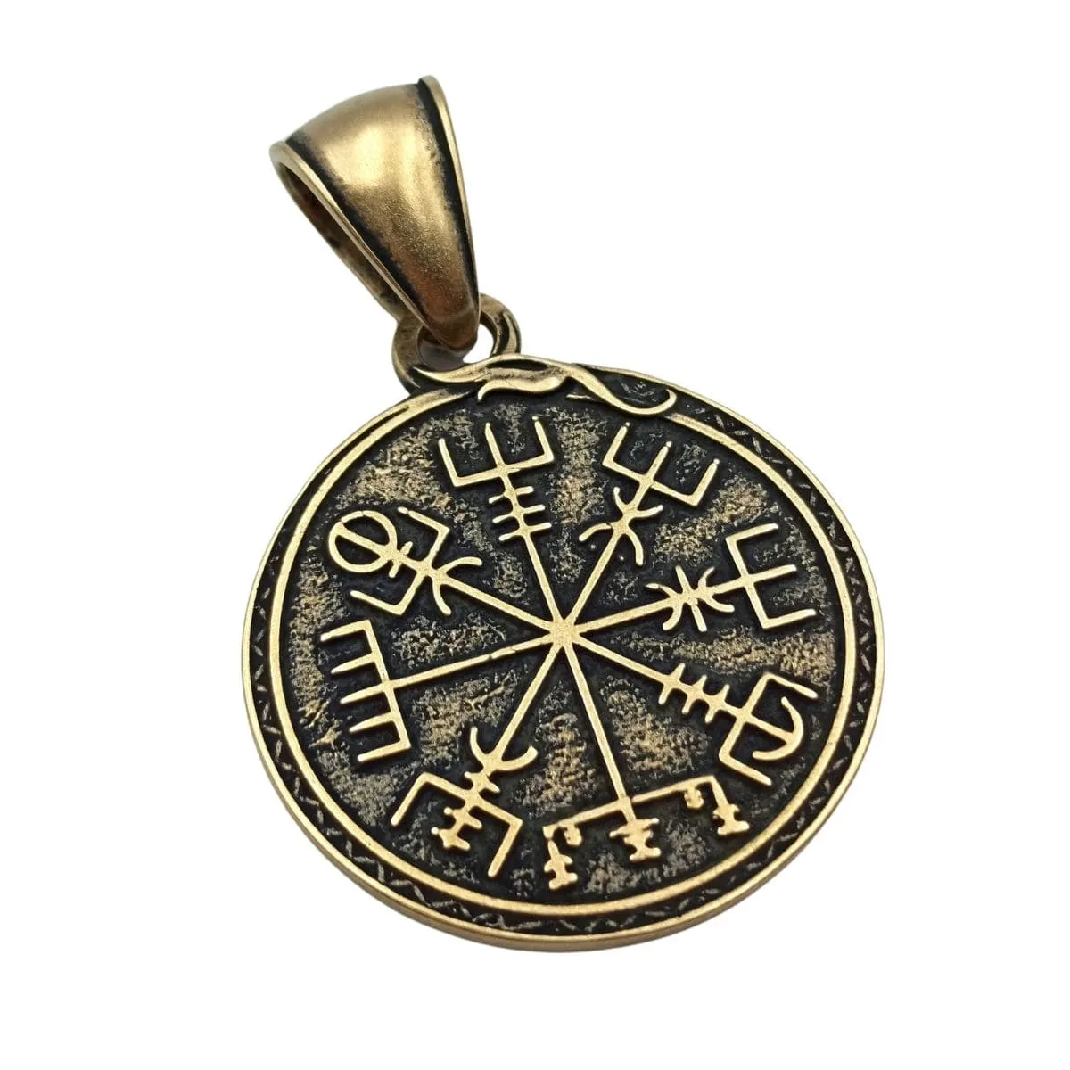 Viking long ship bronze pendant with Vegvisir rune