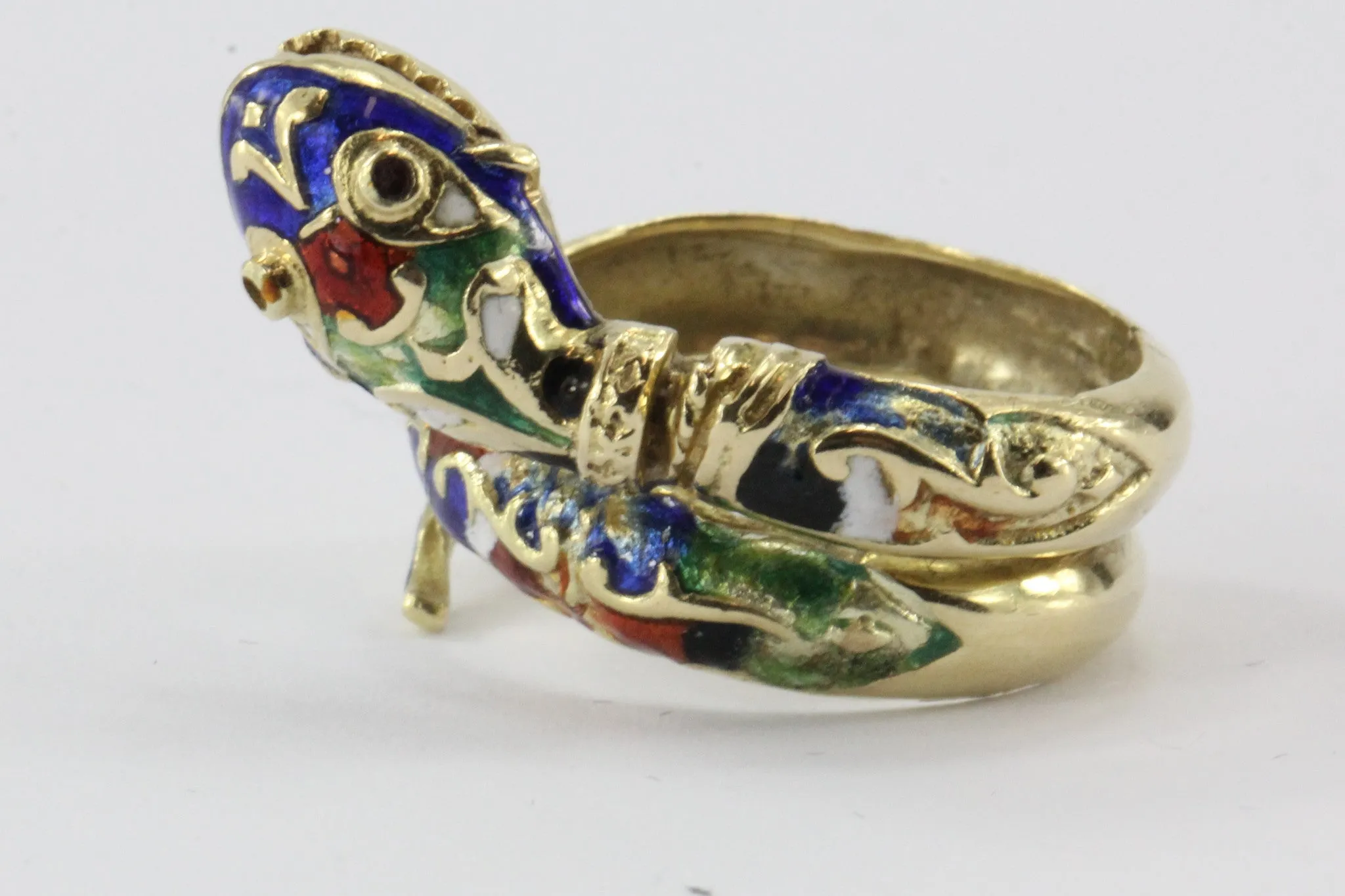 Vintage 14K Gold Blue Green Red White & Black Enamel Coiled Snake Ring
