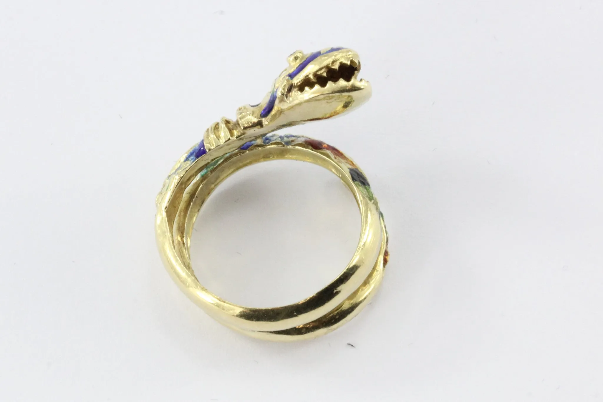 Vintage 14K Gold Blue Green Red White & Black Enamel Coiled Snake Ring