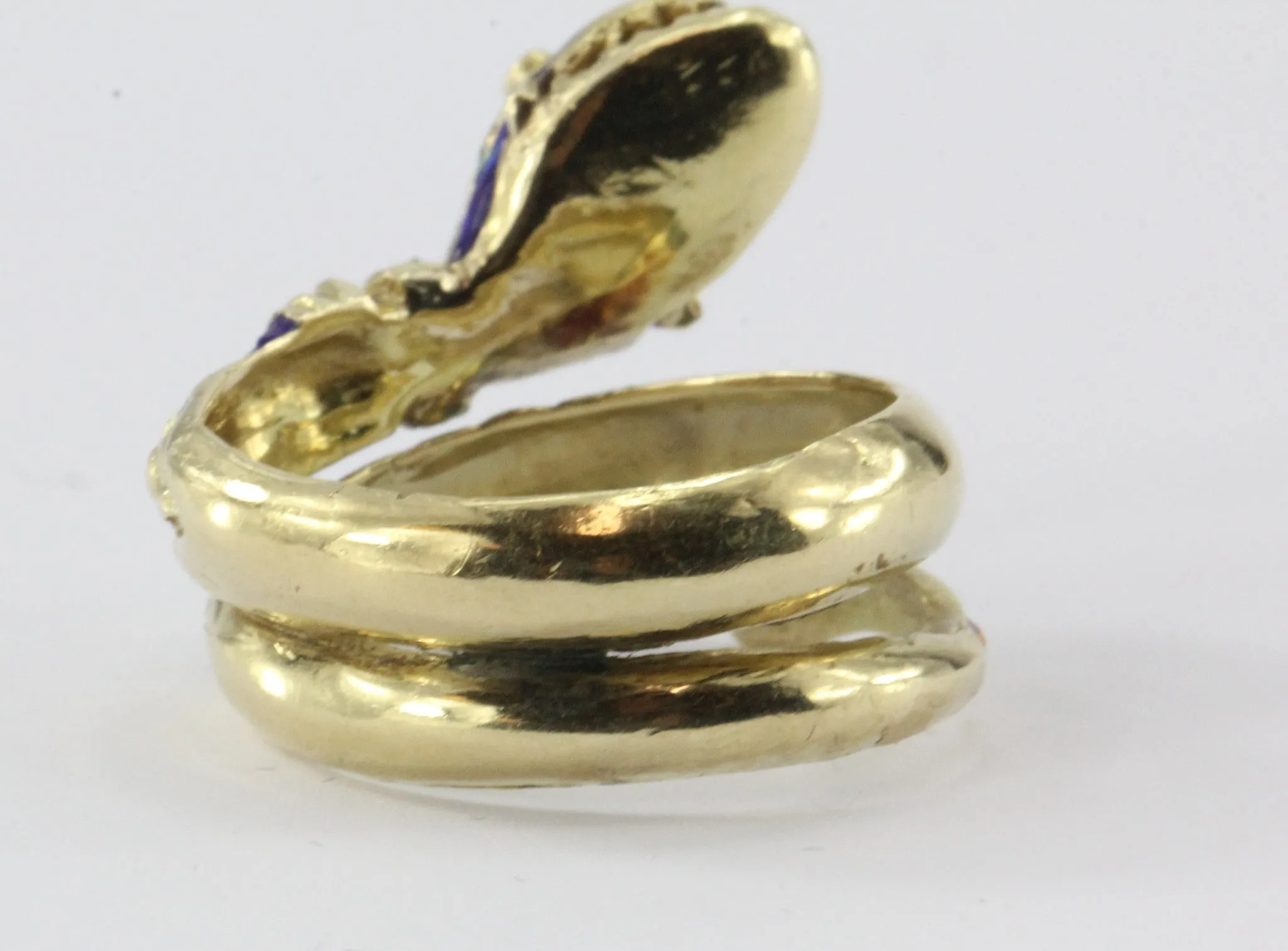 Vintage 14K Gold Blue Green Red White & Black Enamel Coiled Snake Ring