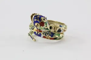 Vintage 14K Gold Blue Green Red White & Black Enamel Coiled Snake Ring
