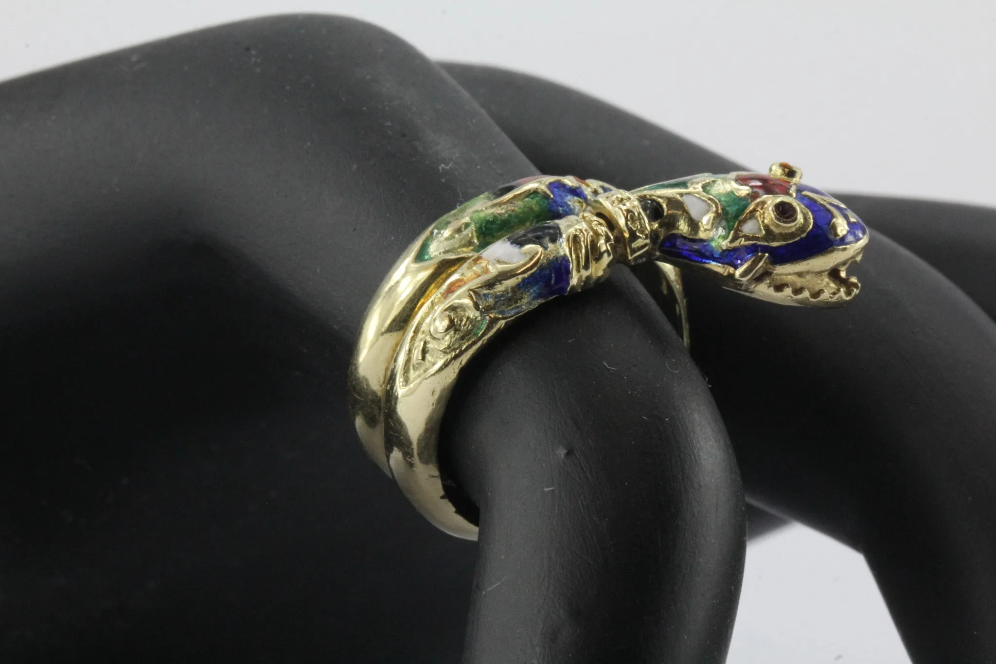 Vintage 14K Gold Blue Green Red White & Black Enamel Coiled Snake Ring