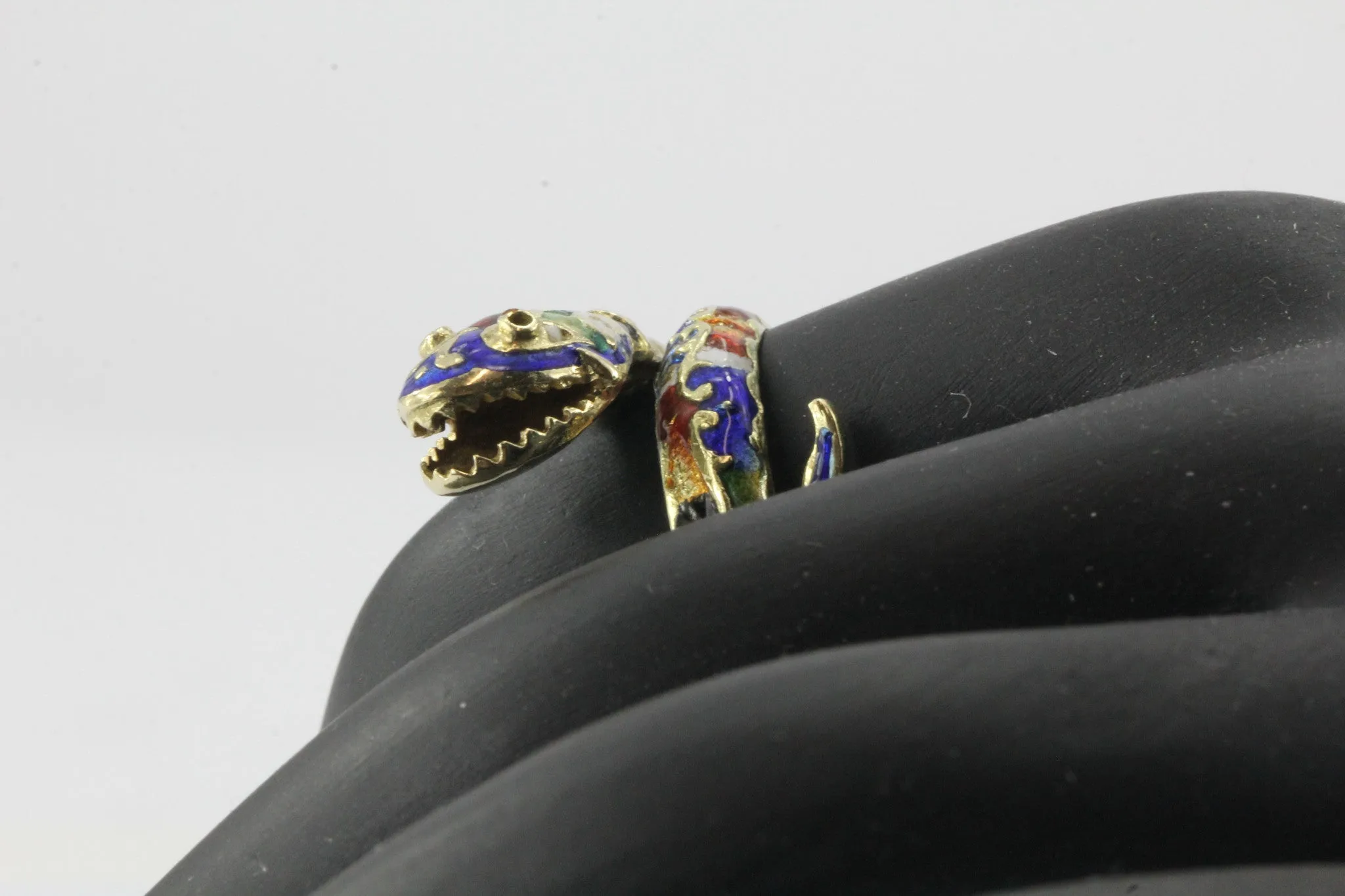 Vintage 14K Gold Blue Green Red White & Black Enamel Coiled Snake Ring