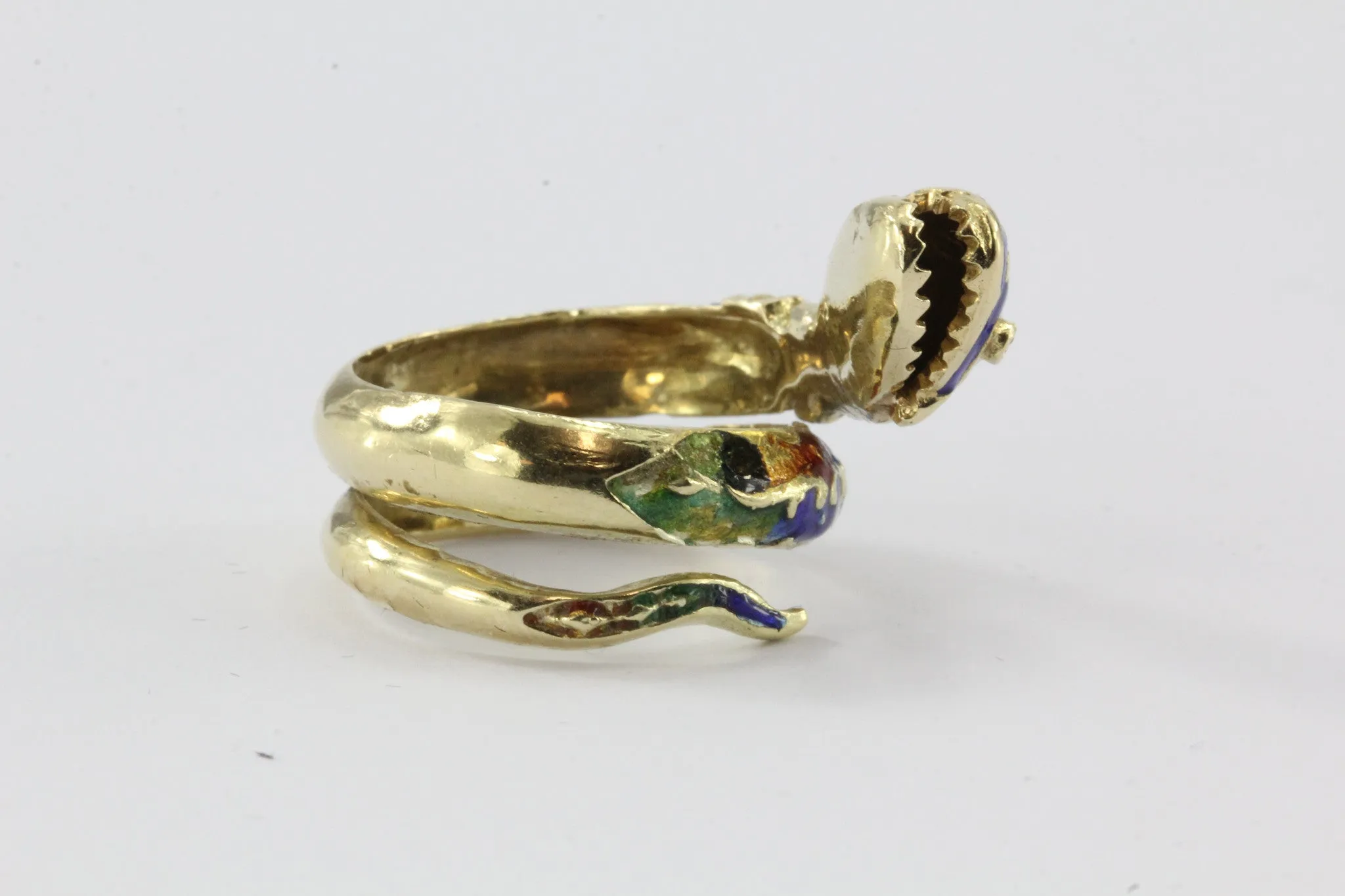 Vintage 14K Gold Blue Green Red White & Black Enamel Coiled Snake Ring