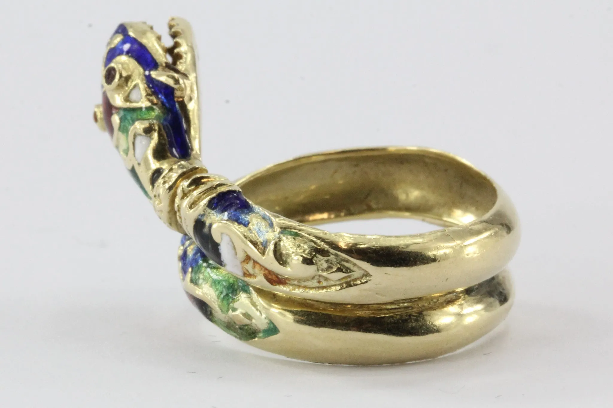 Vintage 14K Gold Blue Green Red White & Black Enamel Coiled Snake Ring