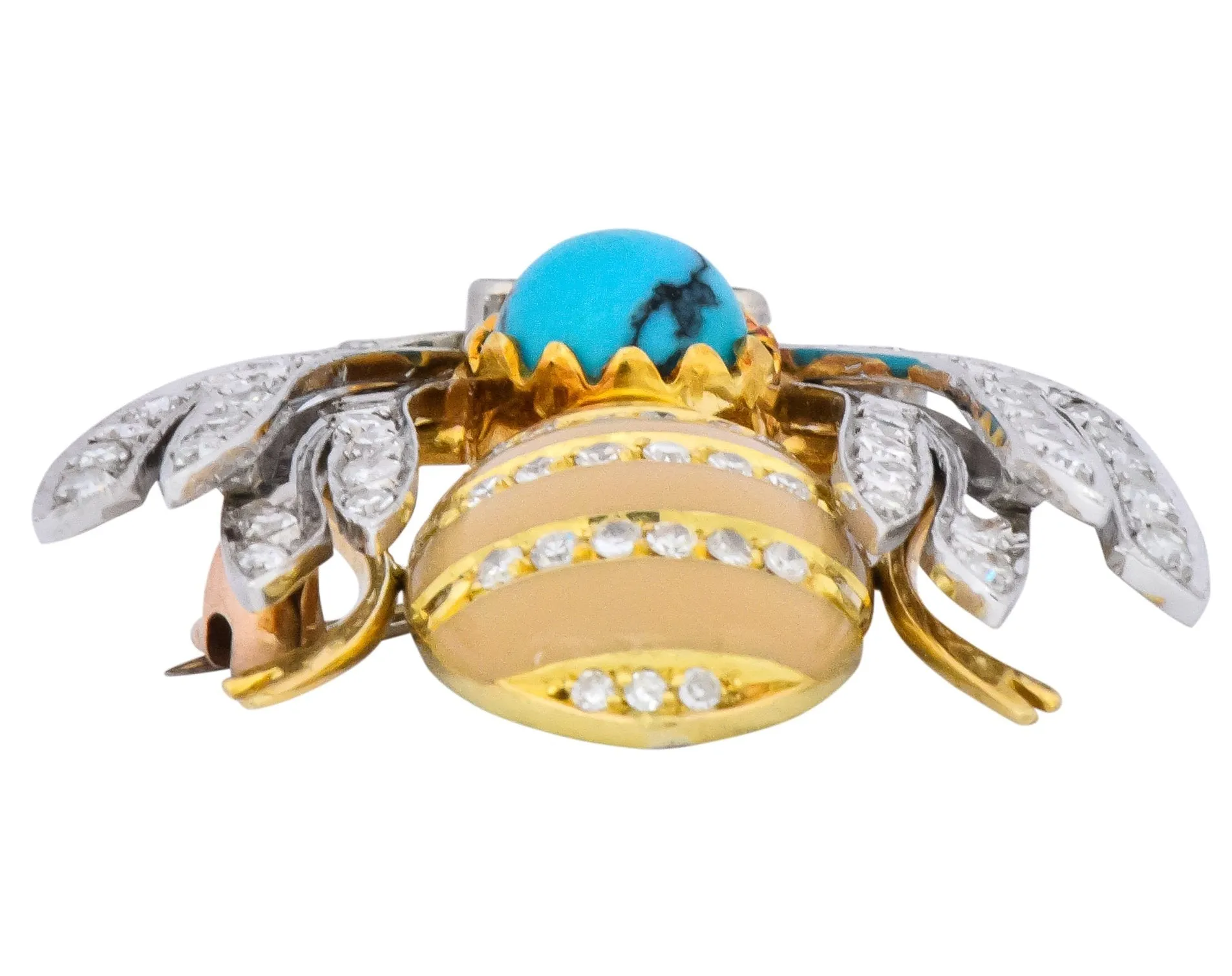 Vintage 1.71 CTW Diamond Turquoise Enamel Platinum 18 Karat Gold Insect Brooch