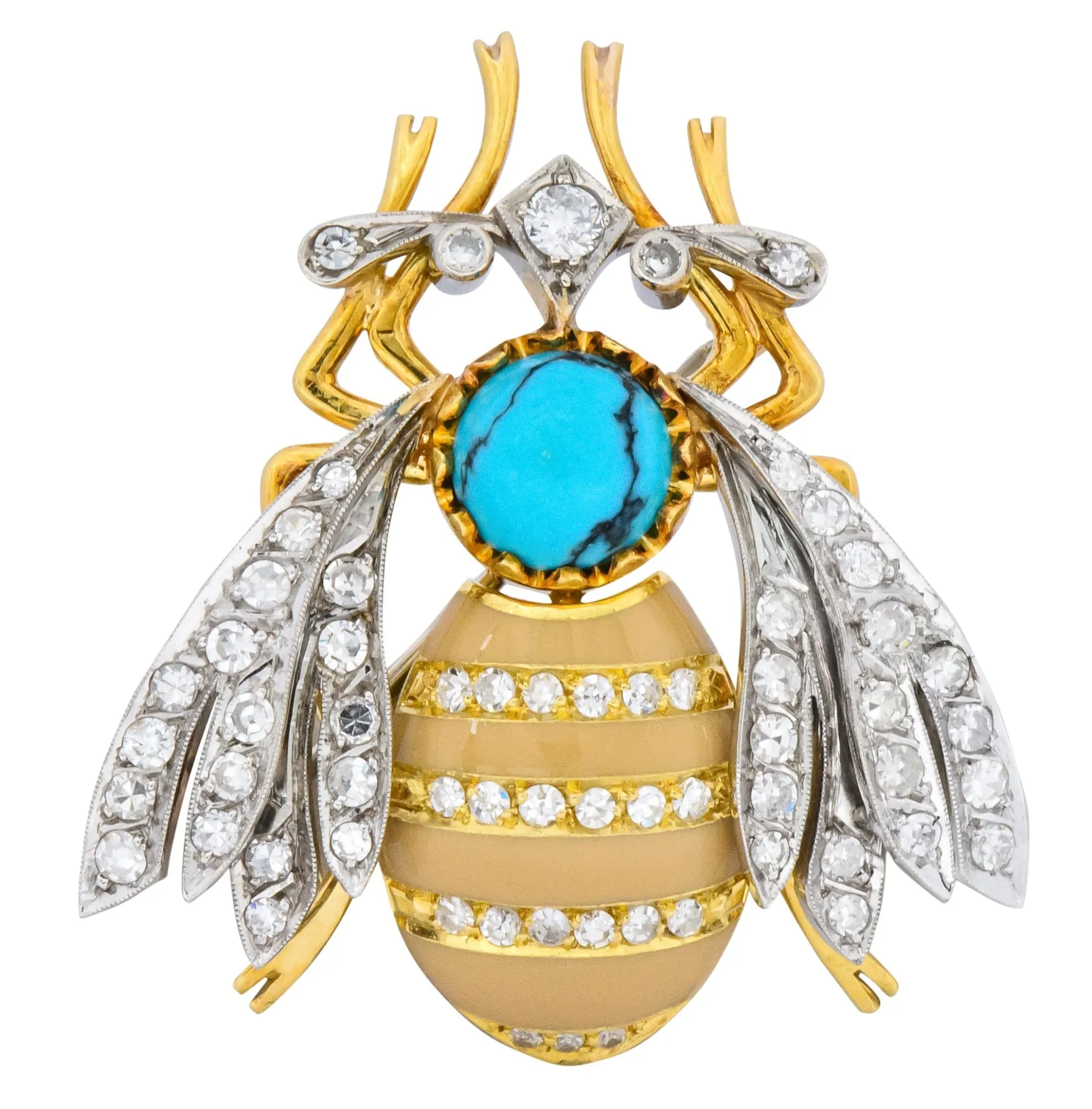 Vintage 1.71 CTW Diamond Turquoise Enamel Platinum 18 Karat Gold Insect Brooch