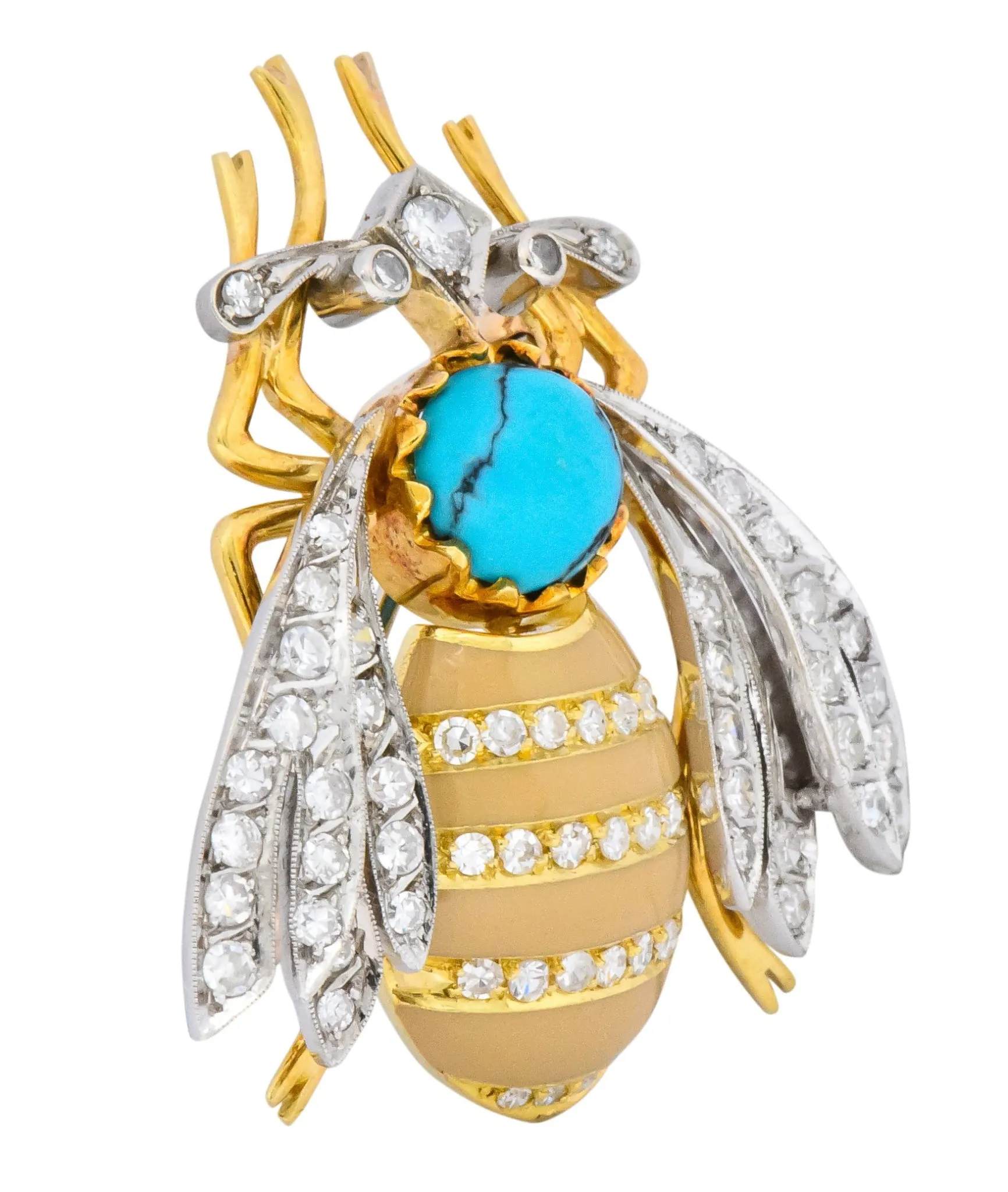 Vintage 1.71 CTW Diamond Turquoise Enamel Platinum 18 Karat Gold Insect Brooch
