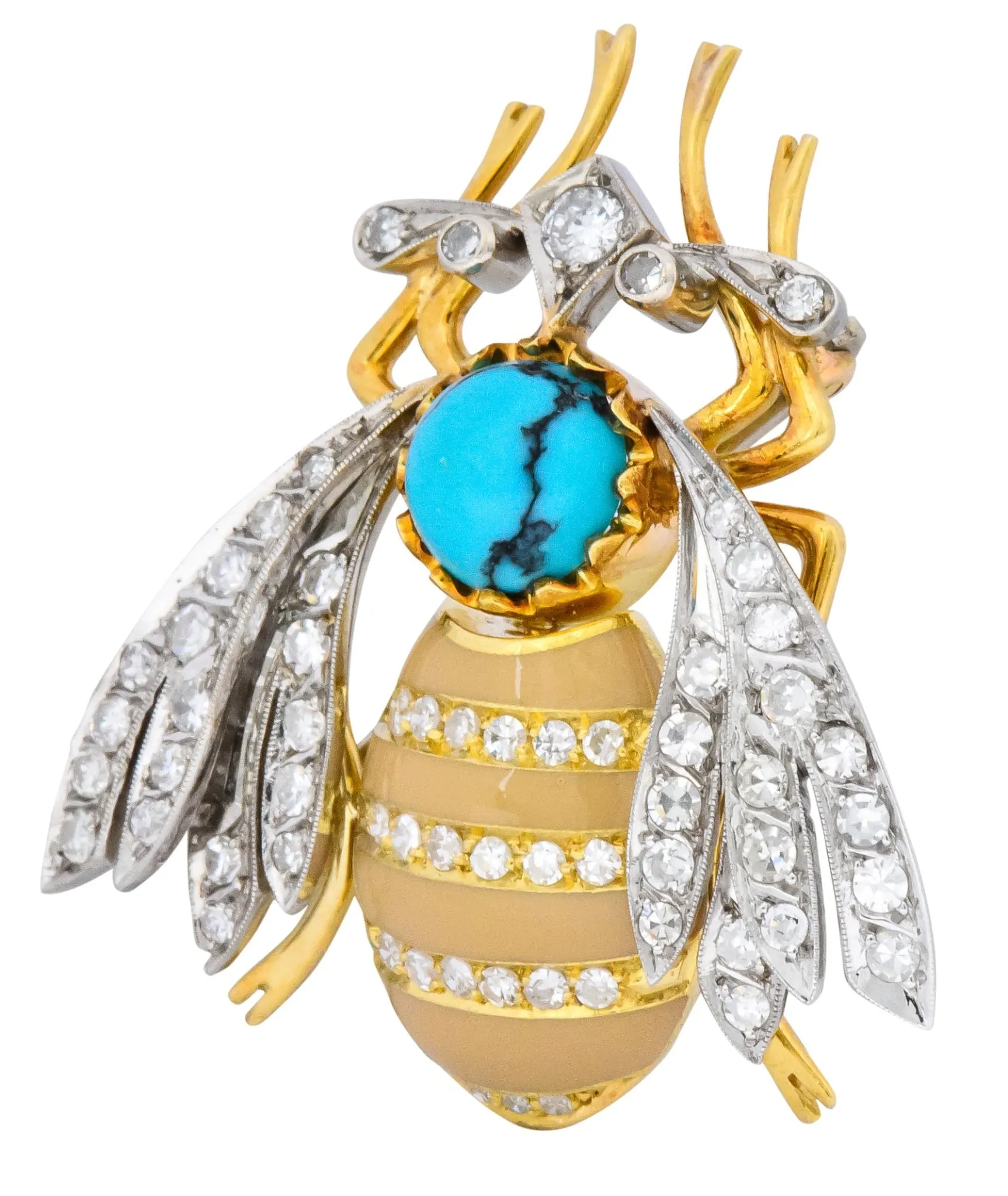 Vintage 1.71 CTW Diamond Turquoise Enamel Platinum 18 Karat Gold Insect Brooch