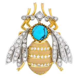 Vintage 1.71 CTW Diamond Turquoise Enamel Platinum 18 Karat Gold Insect Brooch
