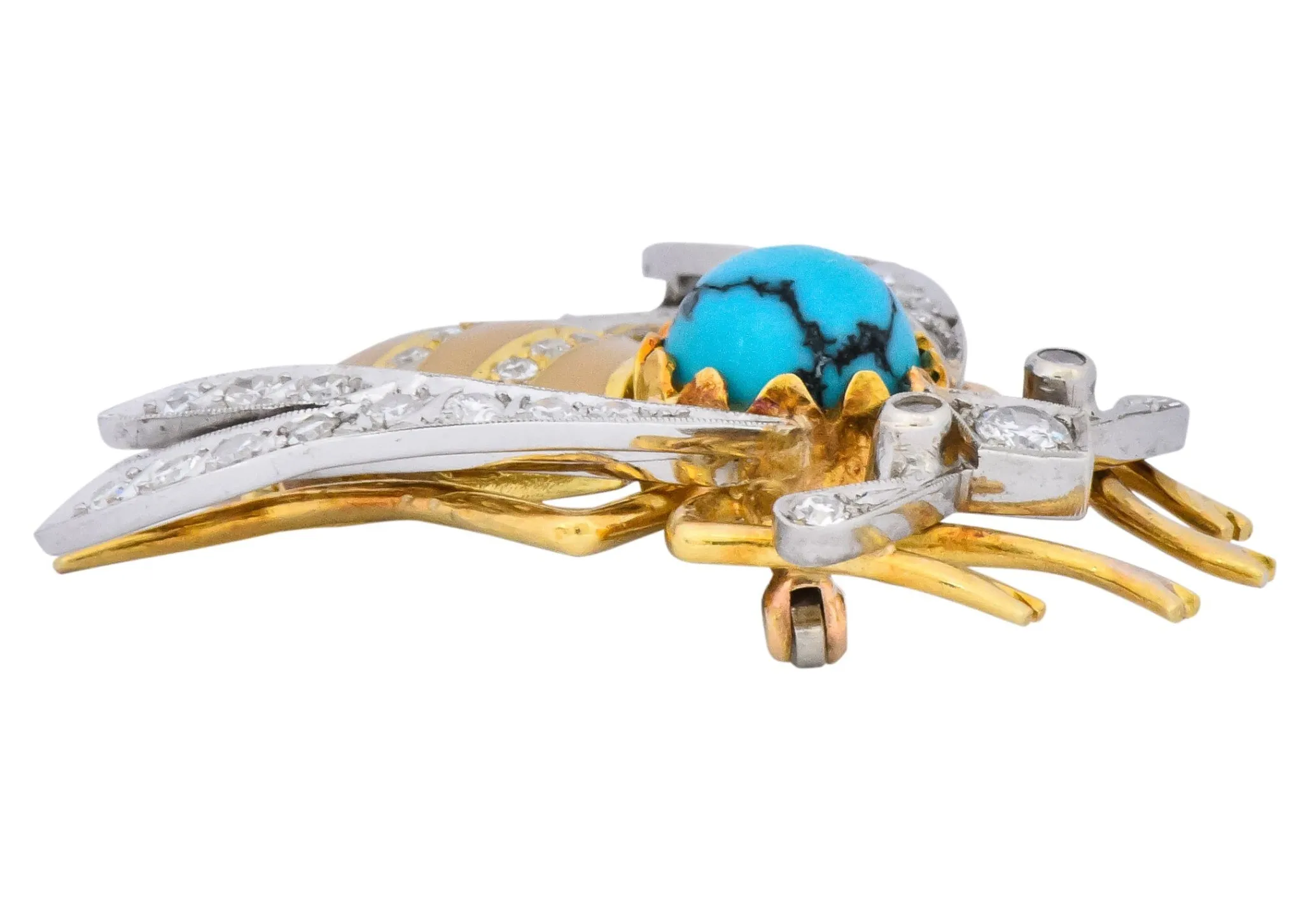 Vintage 1.71 CTW Diamond Turquoise Enamel Platinum 18 Karat Gold Insect Brooch