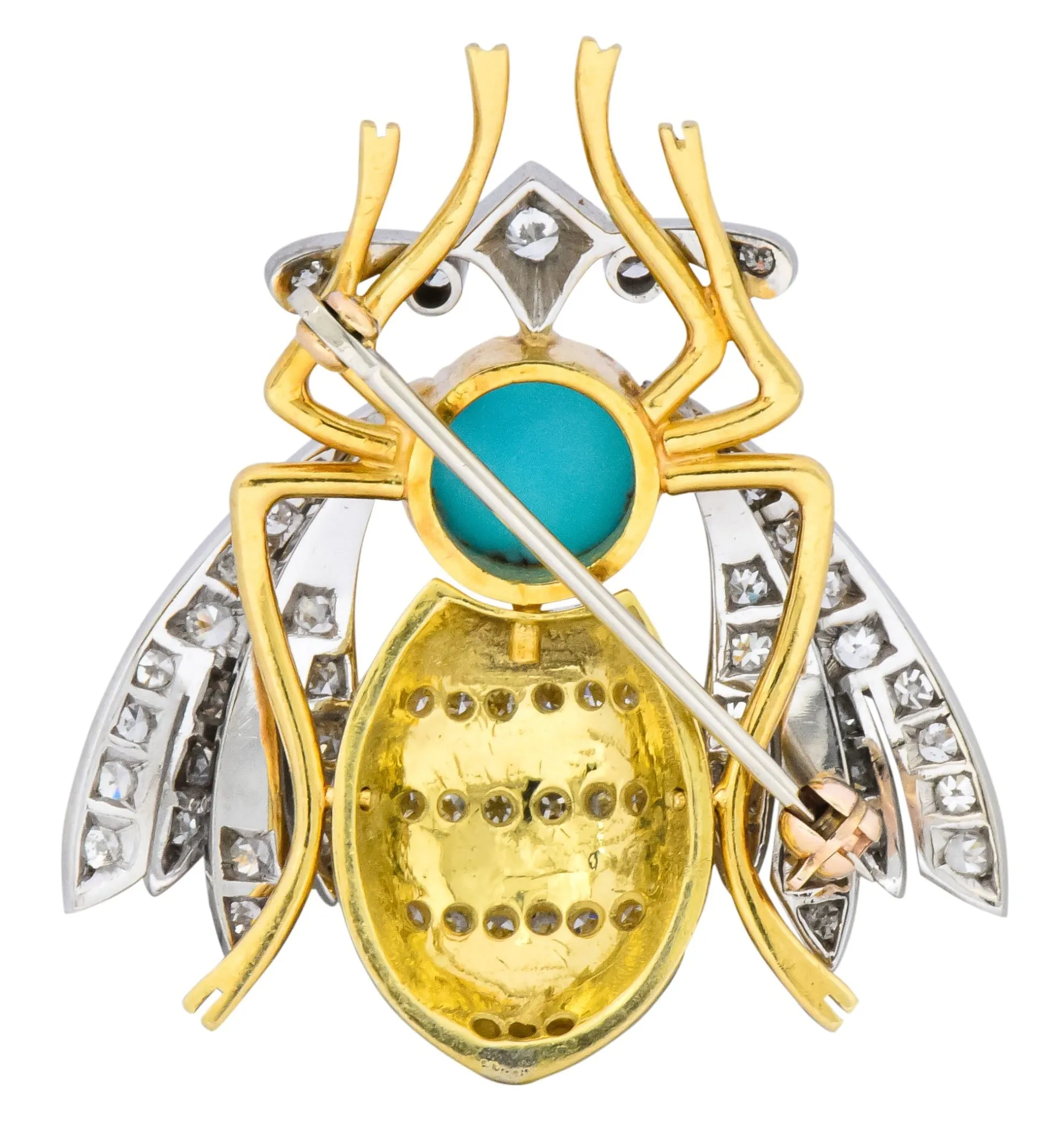 Vintage 1.71 CTW Diamond Turquoise Enamel Platinum 18 Karat Gold Insect Brooch