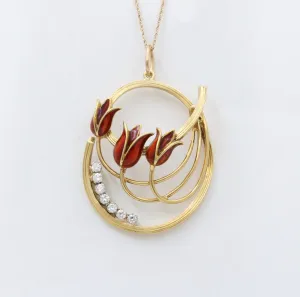 Vintage 18K Gold, Diamond, and Enamel Tulip Charm, 1.4 Inches Long
