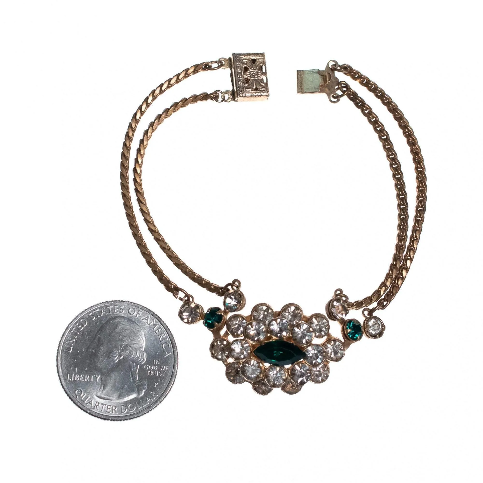 Vintage 1940s Gilt Bracelet with Diamante and Emerald Green Crystals
