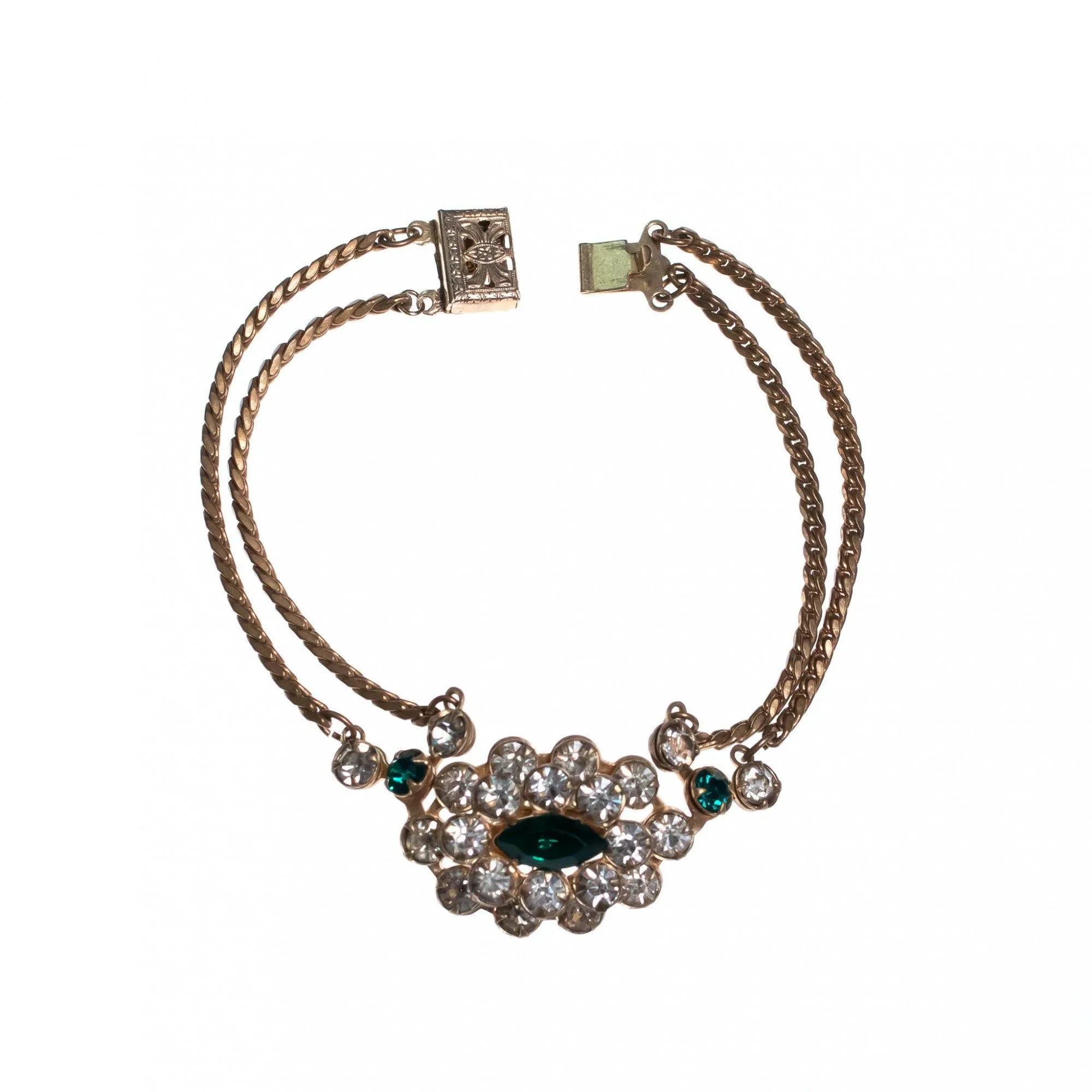 Vintage 1940s Gilt Bracelet with Diamante and Emerald Green Crystals