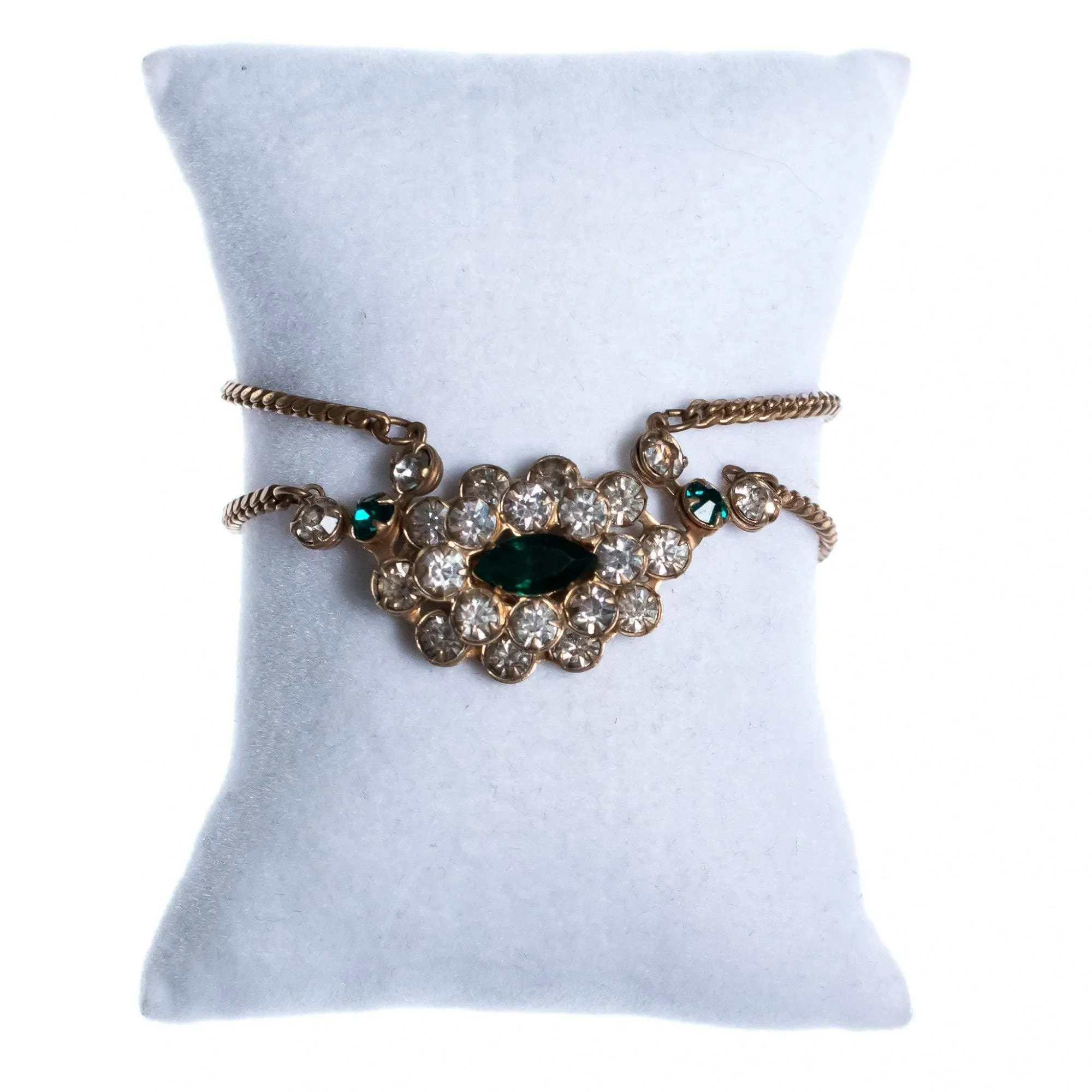 Vintage 1940s Gilt Bracelet with Diamante and Emerald Green Crystals
