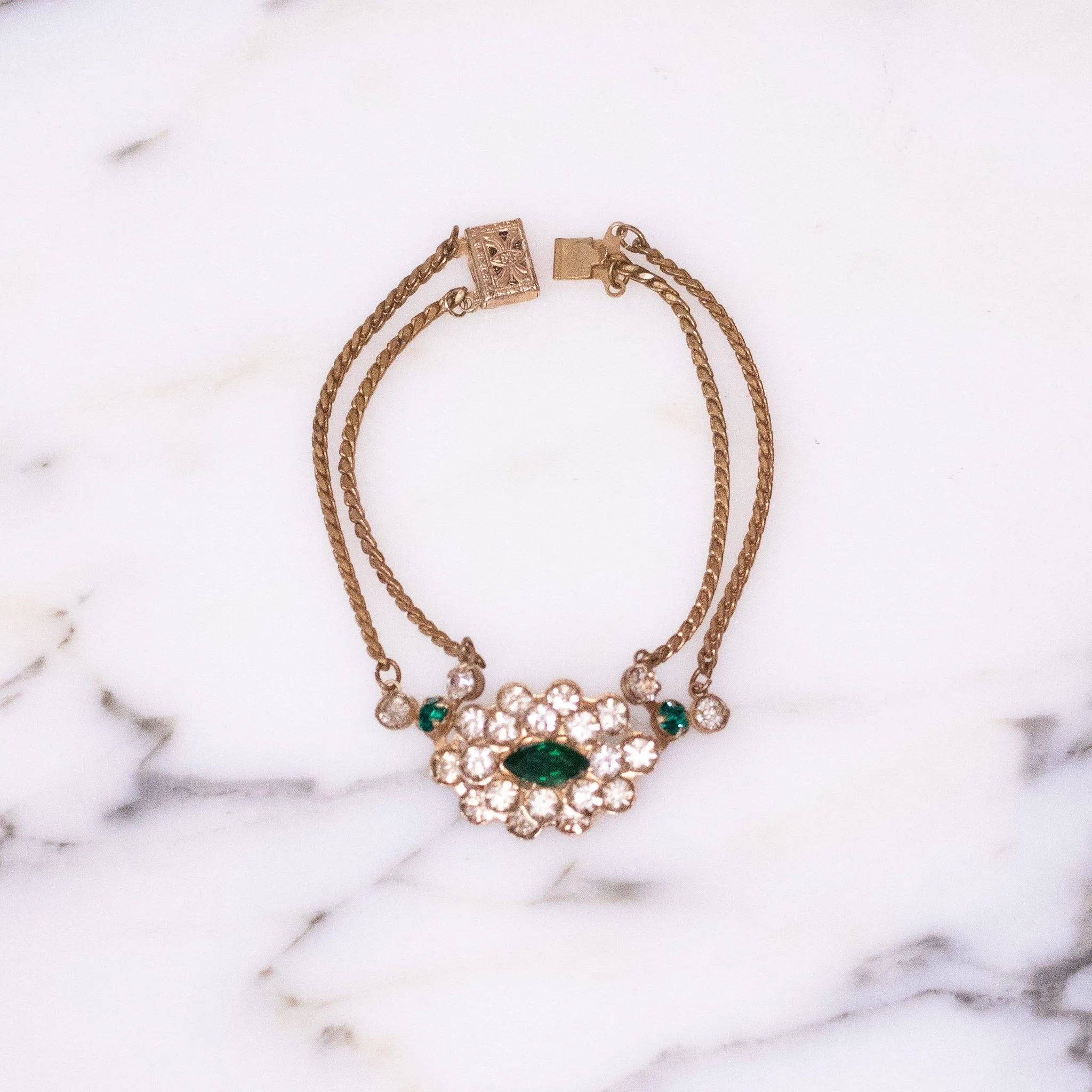 Vintage 1940s Gilt Bracelet with Diamante and Emerald Green Crystals
