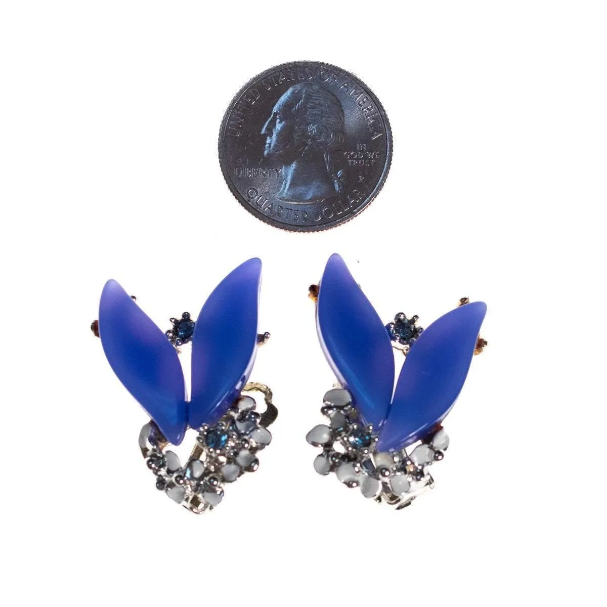Vintage 1950s Blue Enamel Flower Earrings with Diamante Detailing