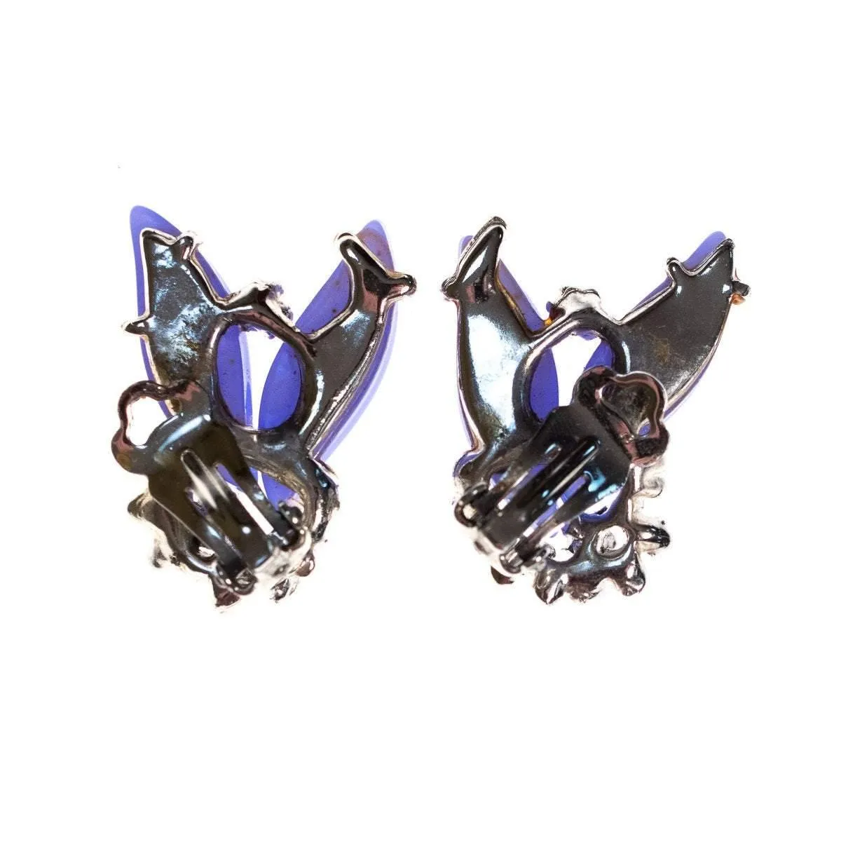 Vintage 1950s Blue Enamel Flower Earrings with Diamante Detailing