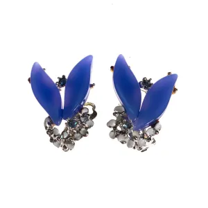 Vintage 1950s Blue Enamel Flower Earrings with Diamante Detailing