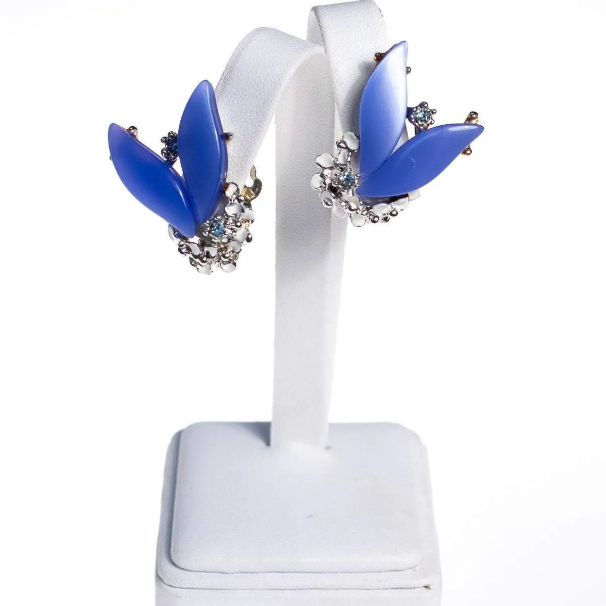 Vintage 1950s Blue Enamel Flower Earrings with Diamante Detailing