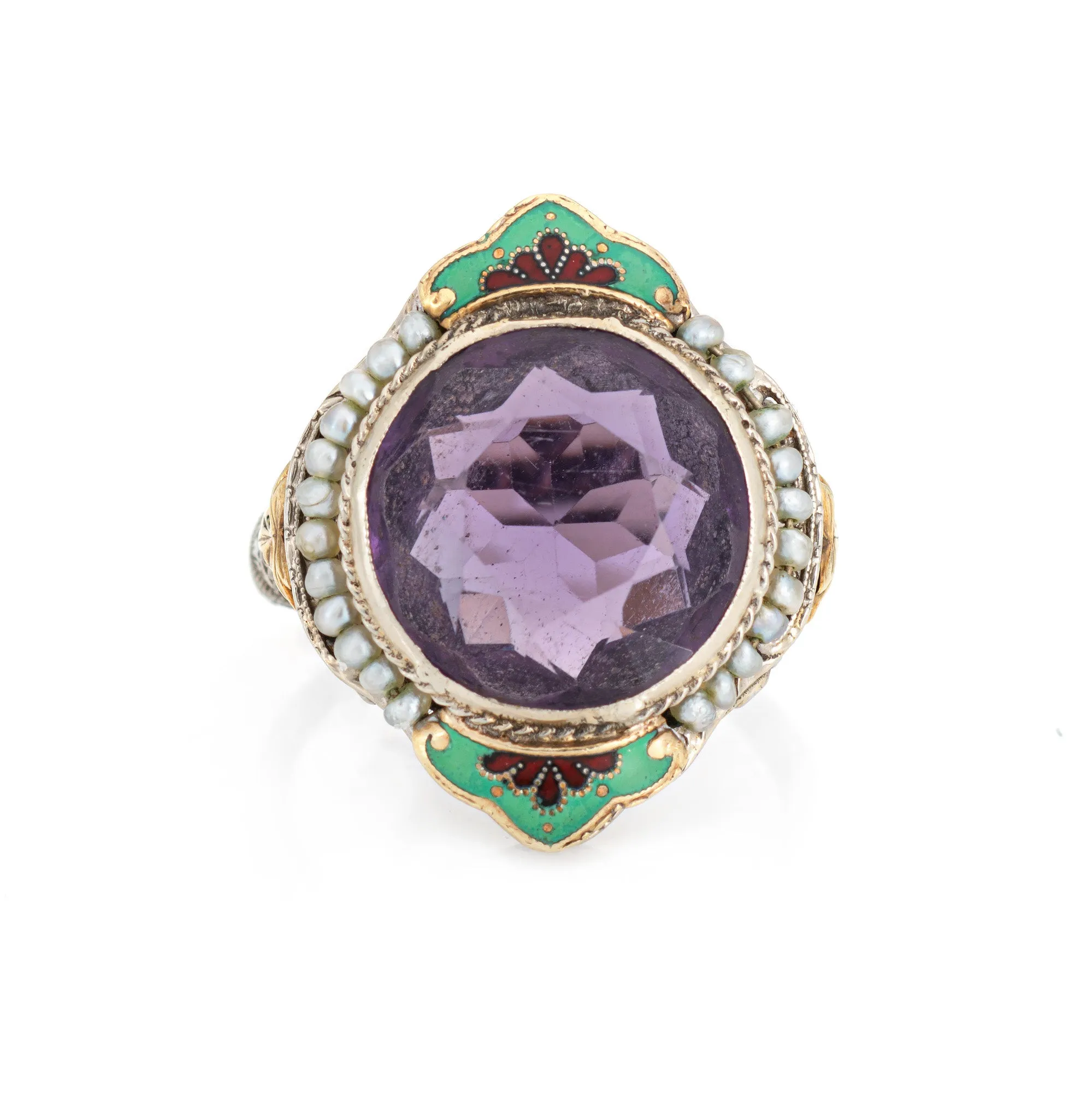Vintage Art Deco Amethyst Ring Enamel Cocktail 14k Gold Filigree Jewelry Sz 8