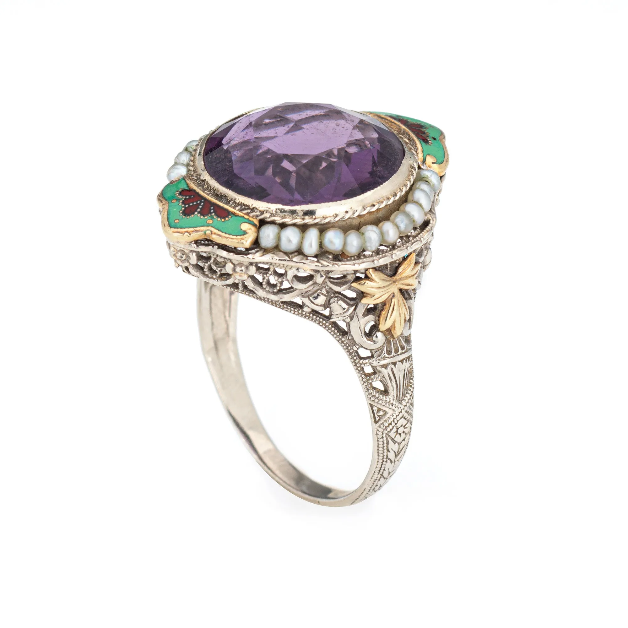Vintage Art Deco Amethyst Ring Enamel Cocktail 14k Gold Filigree Jewelry Sz 8