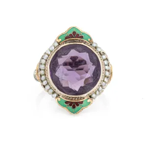 Vintage Art Deco Amethyst Ring Enamel Cocktail 14k Gold Filigree Jewelry Sz 8