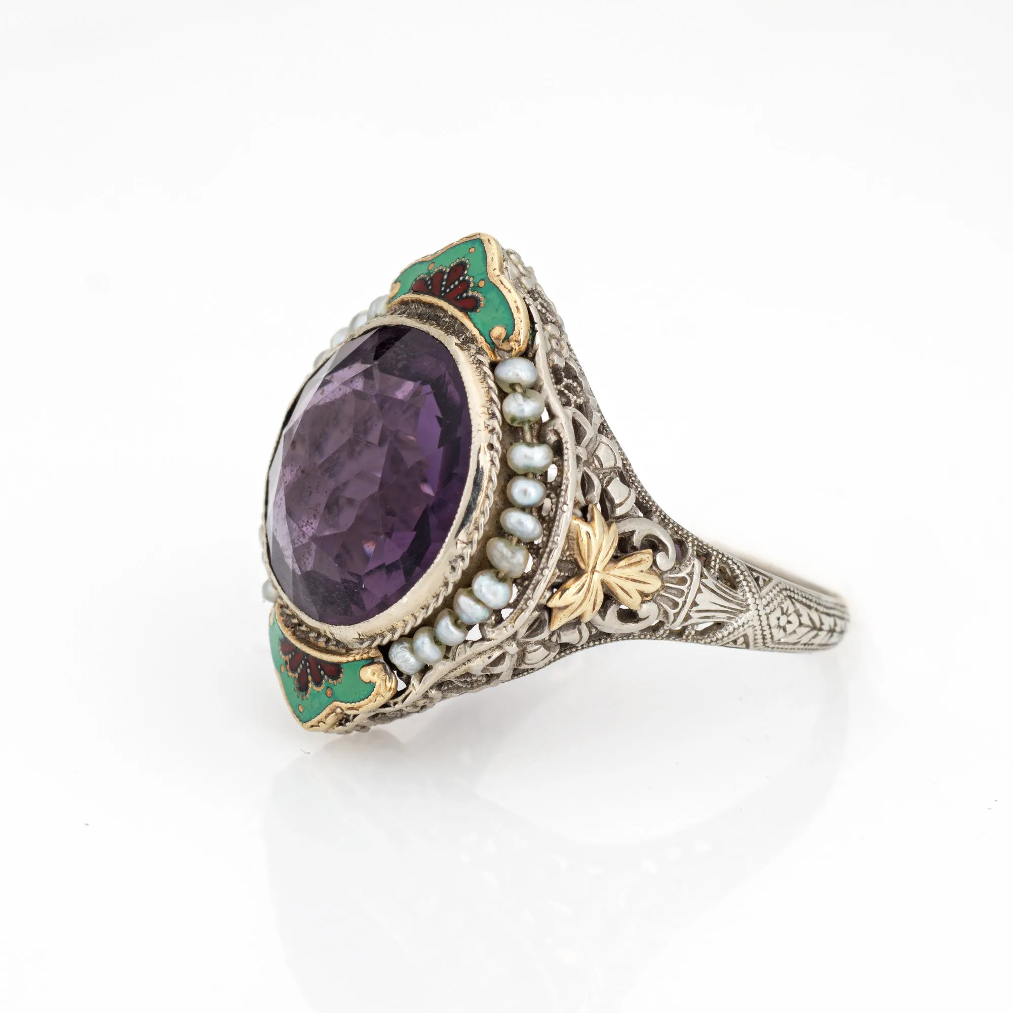 Vintage Art Deco Amethyst Ring Enamel Cocktail 14k Gold Filigree Jewelry Sz 8
