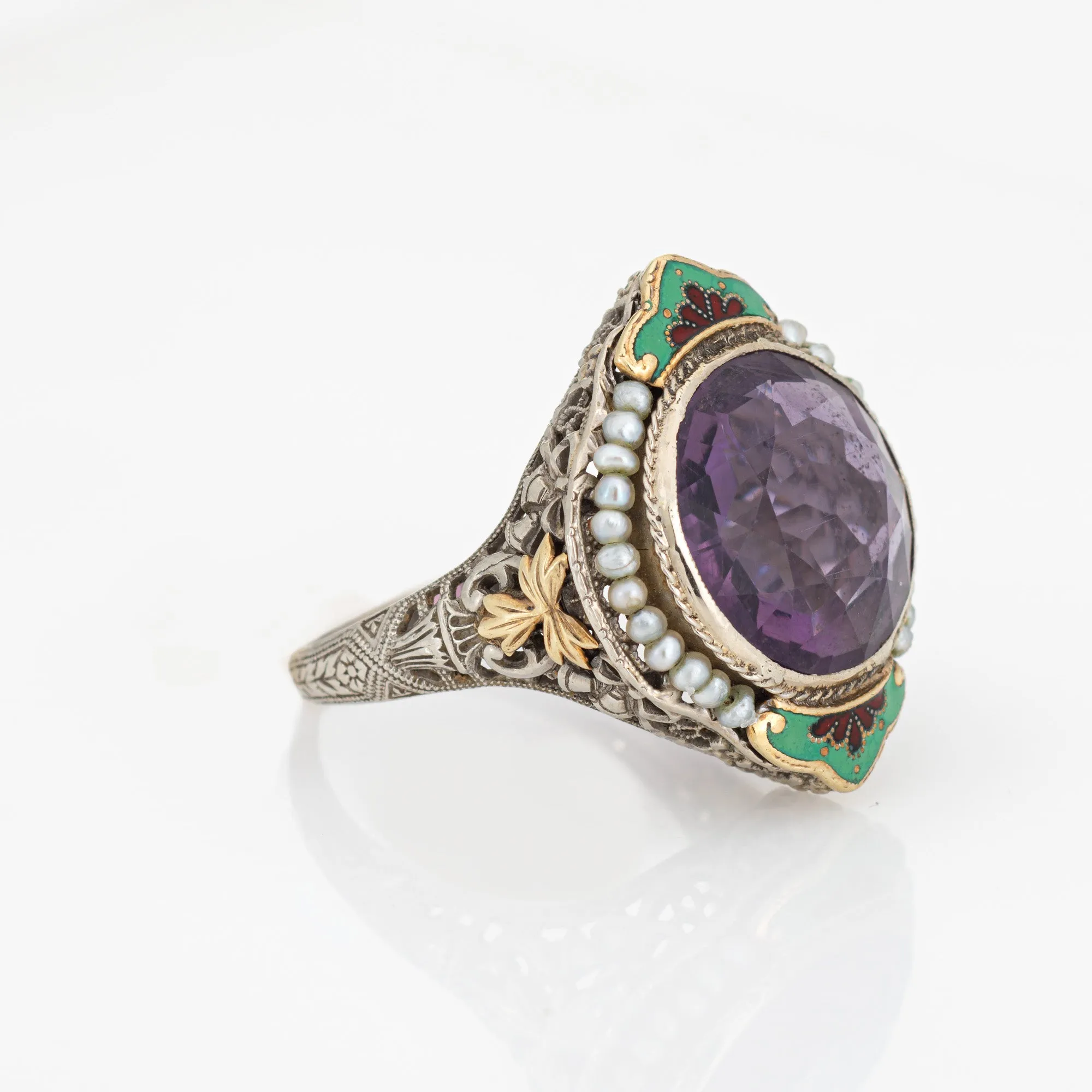 Vintage Art Deco Amethyst Ring Enamel Cocktail 14k Gold Filigree Jewelry Sz 8