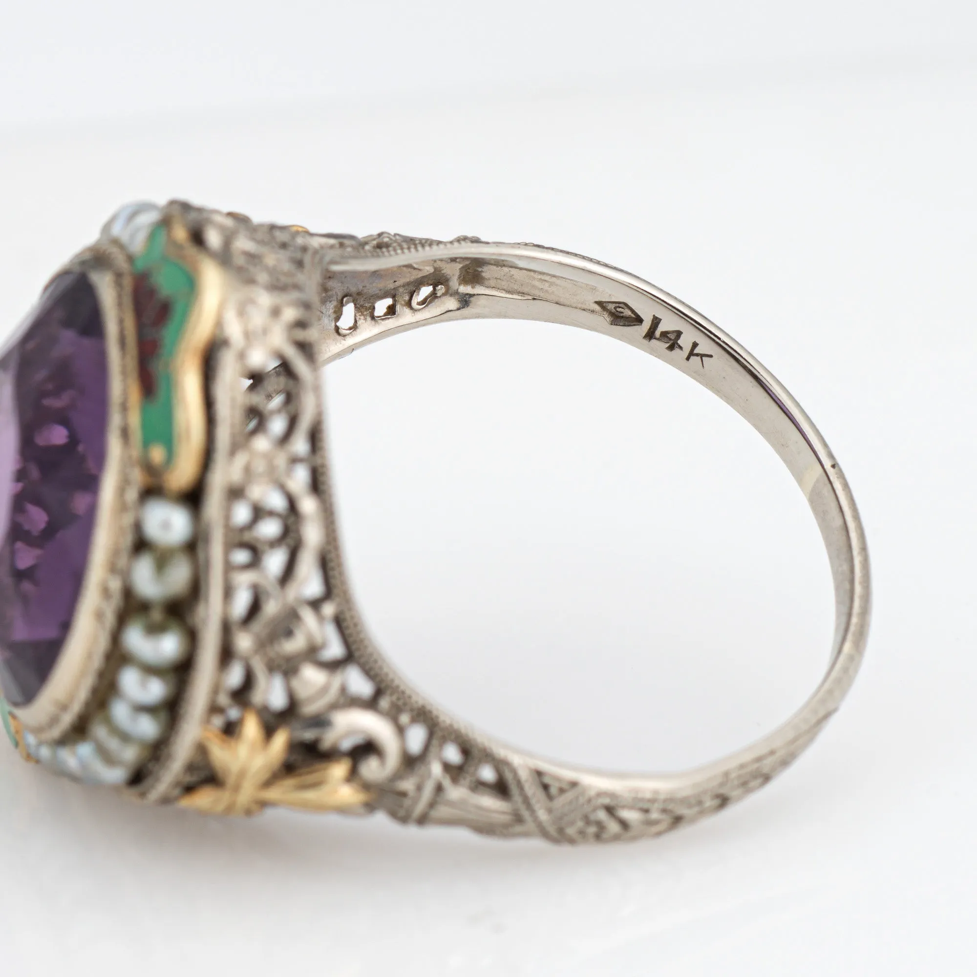 Vintage Art Deco Amethyst Ring Enamel Cocktail 14k Gold Filigree Jewelry Sz 8