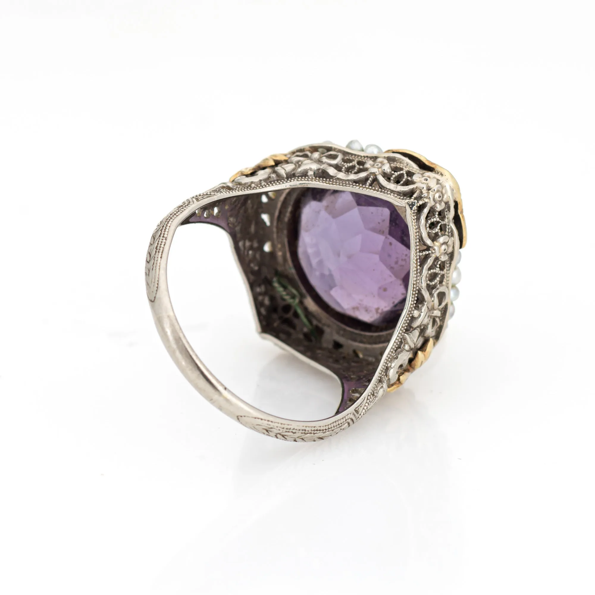 Vintage Art Deco Amethyst Ring Enamel Cocktail 14k Gold Filigree Jewelry Sz 8