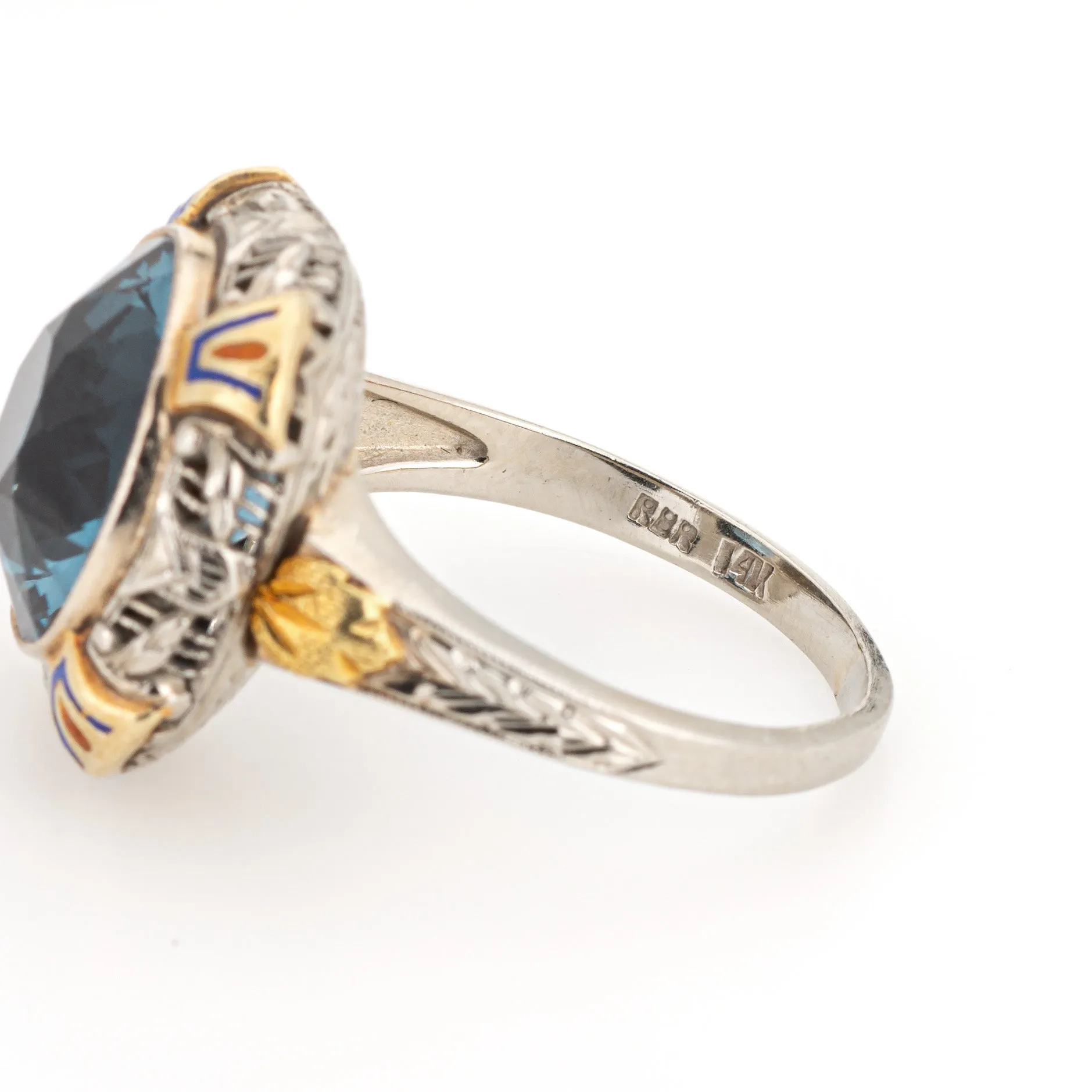 Vintage Art Deco Enamel Cocktail Ring 14k Gold Filigree Jewelry Blue Stone