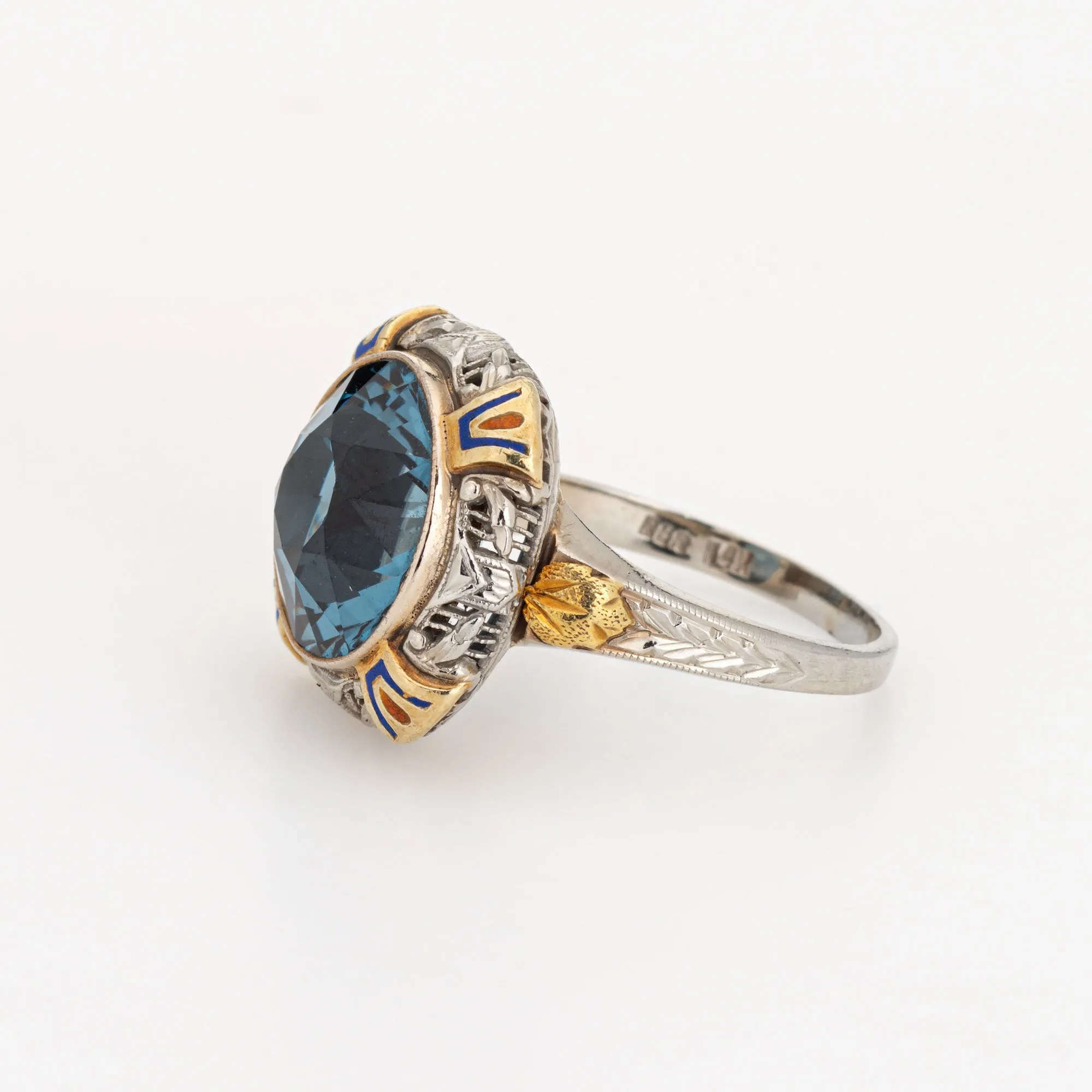 Vintage Art Deco Enamel Cocktail Ring 14k Gold Filigree Jewelry Blue Stone