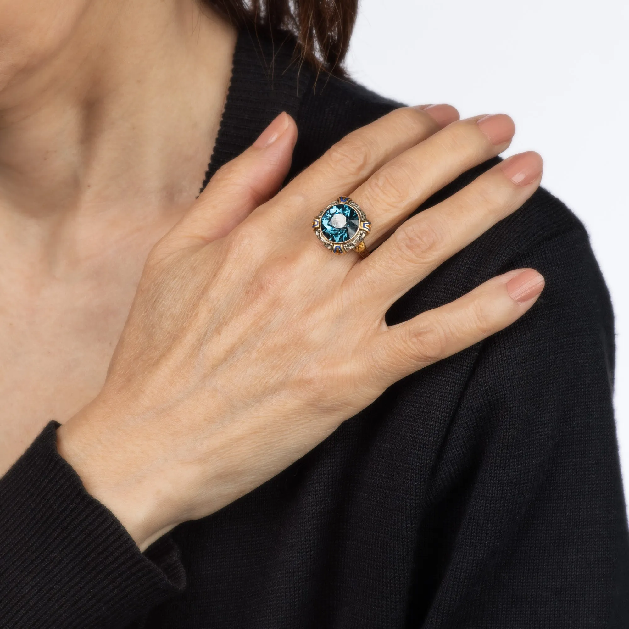 Vintage Art Deco Enamel Cocktail Ring 14k Gold Filigree Jewelry Blue Stone