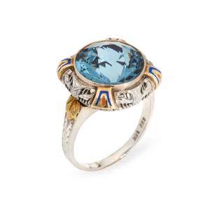 Vintage Art Deco Enamel Cocktail Ring 14k Gold Filigree Jewelry Blue Stone