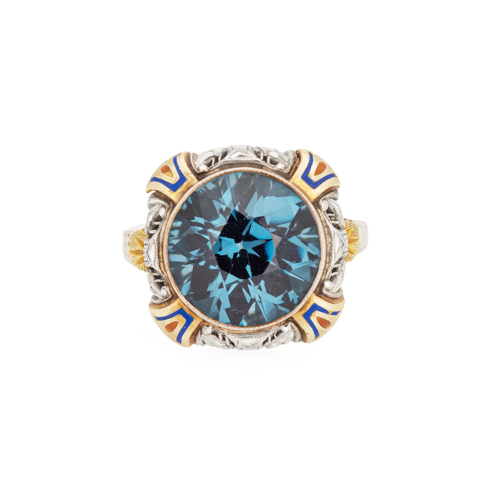Vintage Art Deco Enamel Cocktail Ring 14k Gold Filigree Jewelry Blue Stone