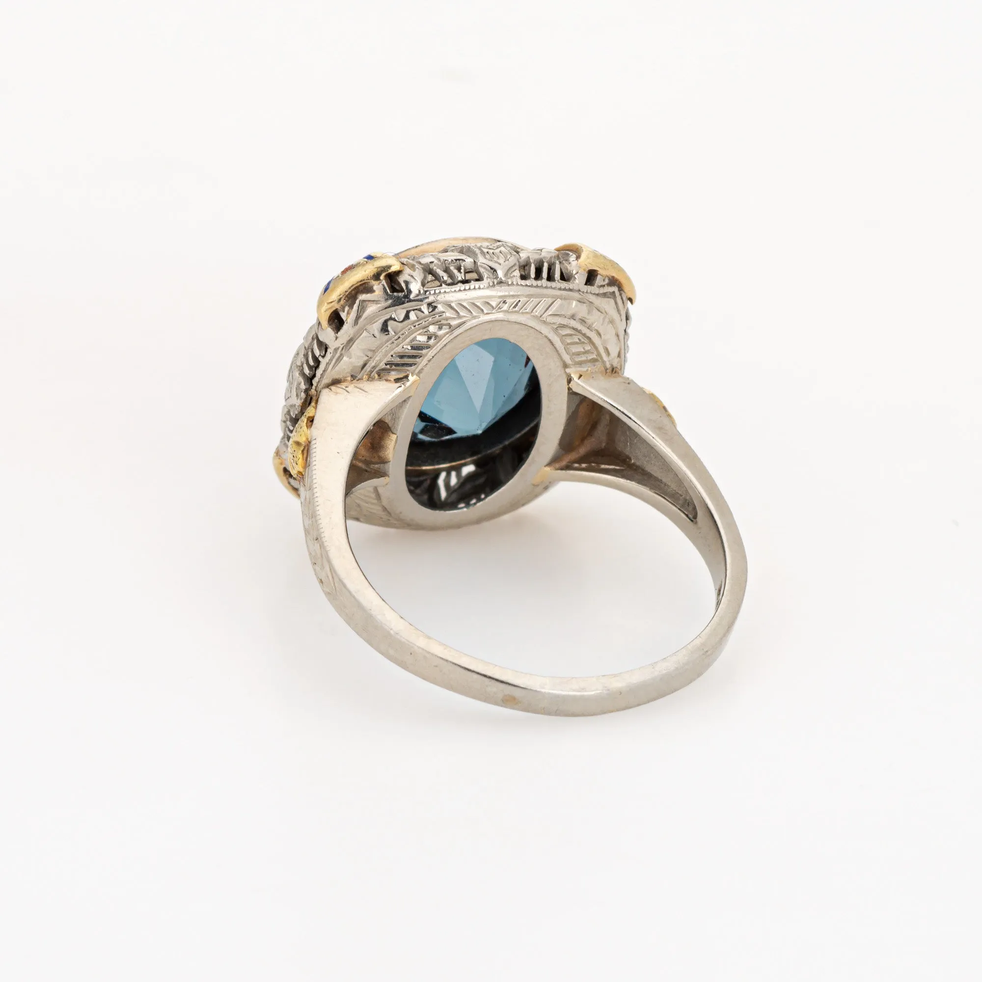 Vintage Art Deco Enamel Cocktail Ring 14k Gold Filigree Jewelry Blue Stone