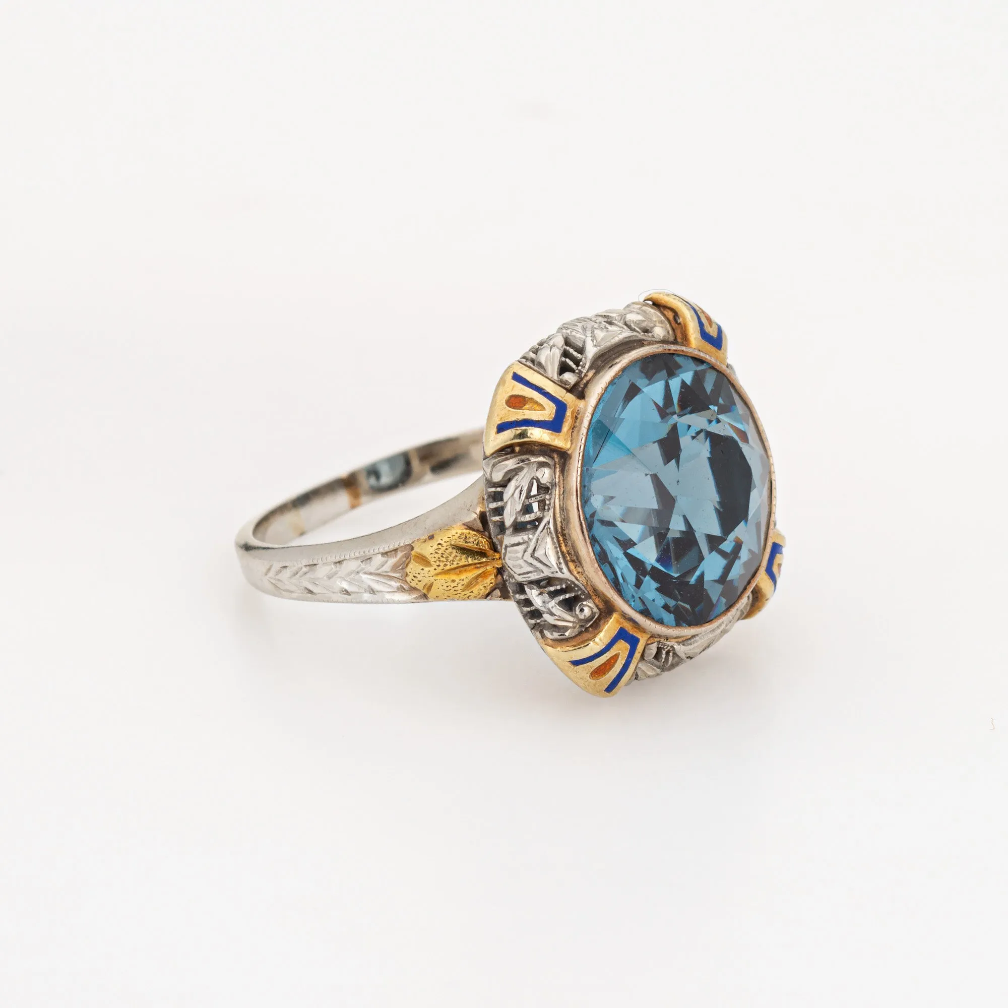 Vintage Art Deco Enamel Cocktail Ring 14k Gold Filigree Jewelry Blue Stone