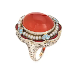 Vintage Art Deco Ring Carnelian Blue Enamel 14k White Gold Filigree Sz 6.5