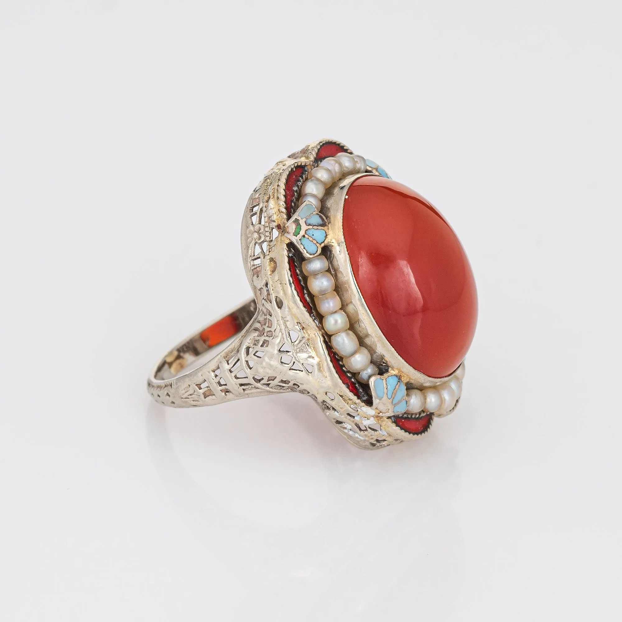 Vintage Art Deco Ring Carnelian Blue Enamel 14k White Gold Filigree Sz 6.5