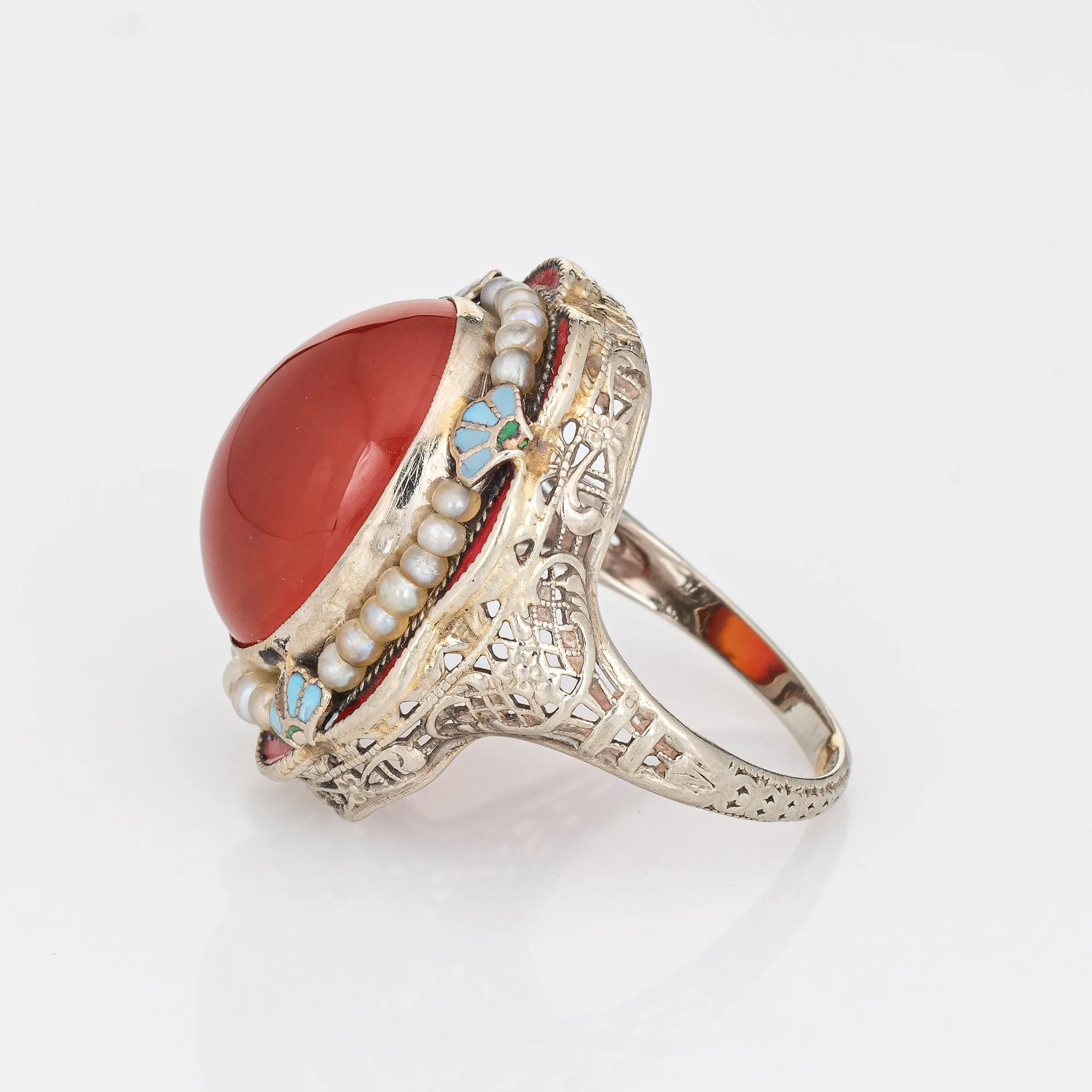 Vintage Art Deco Ring Carnelian Blue Enamel 14k White Gold Filigree Sz 6.5