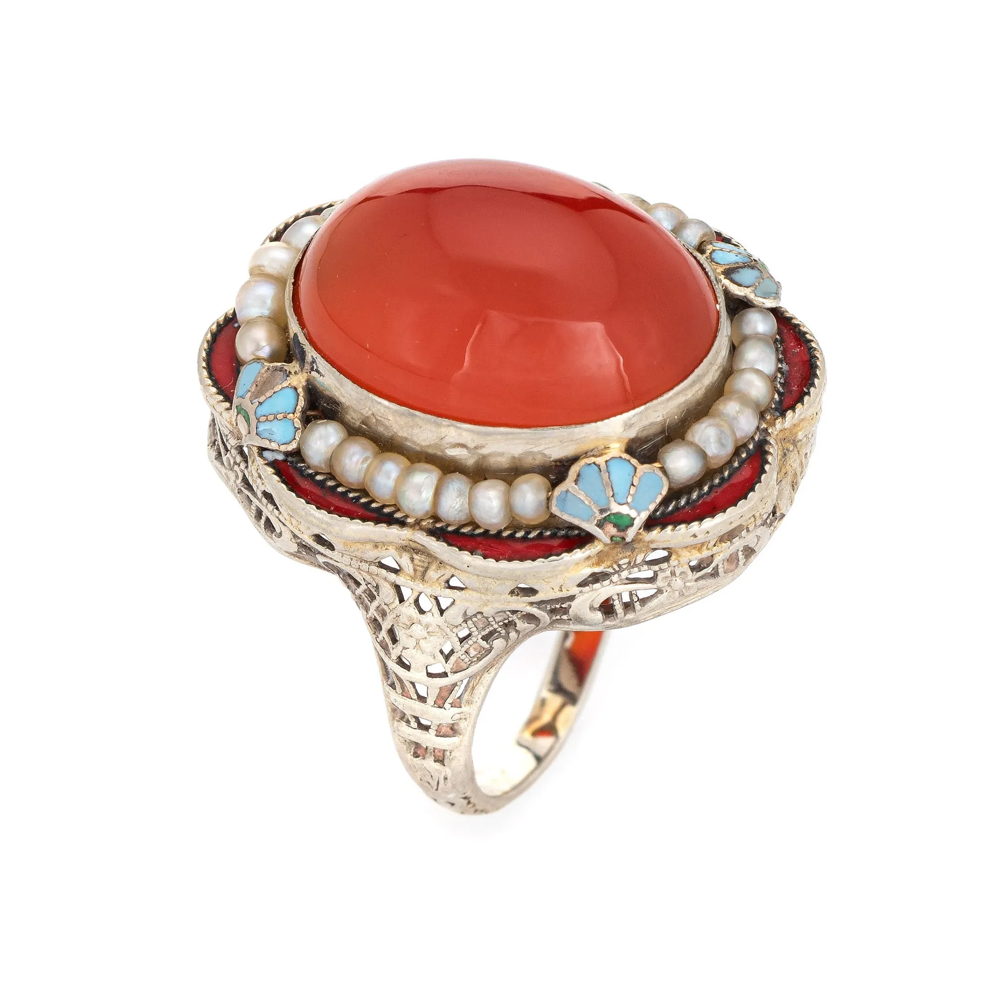 Vintage Art Deco Ring Carnelian Blue Enamel 14k White Gold Filigree Sz 6.5