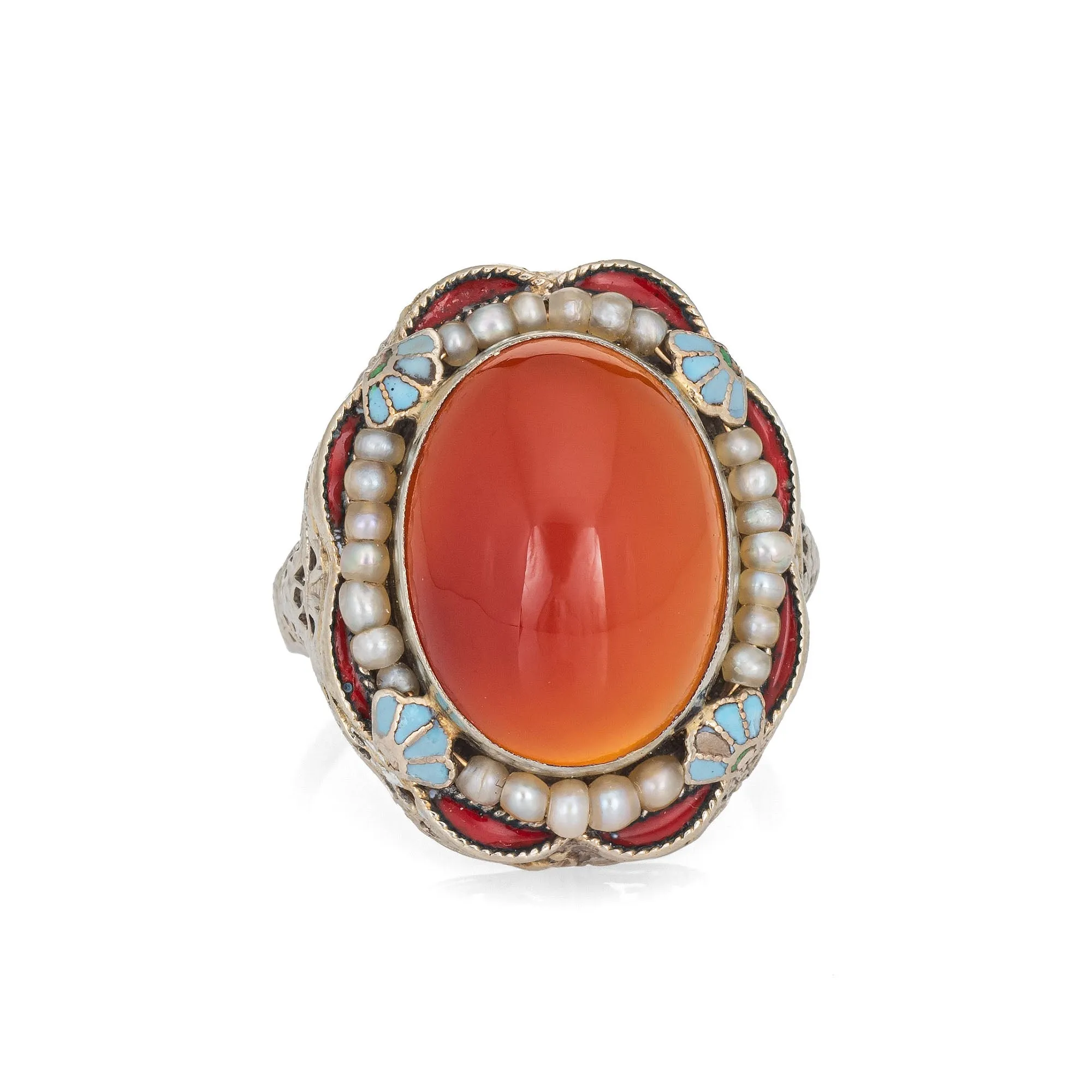 Vintage Art Deco Ring Carnelian Blue Enamel 14k White Gold Filigree Sz 6.5