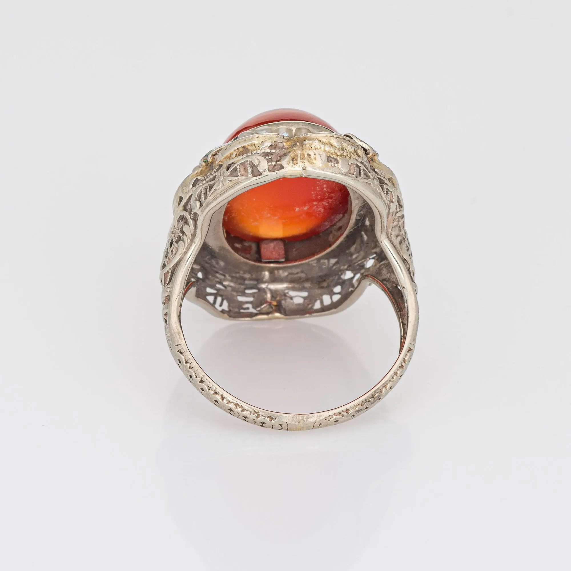 Vintage Art Deco Ring Carnelian Blue Enamel 14k White Gold Filigree Sz 6.5