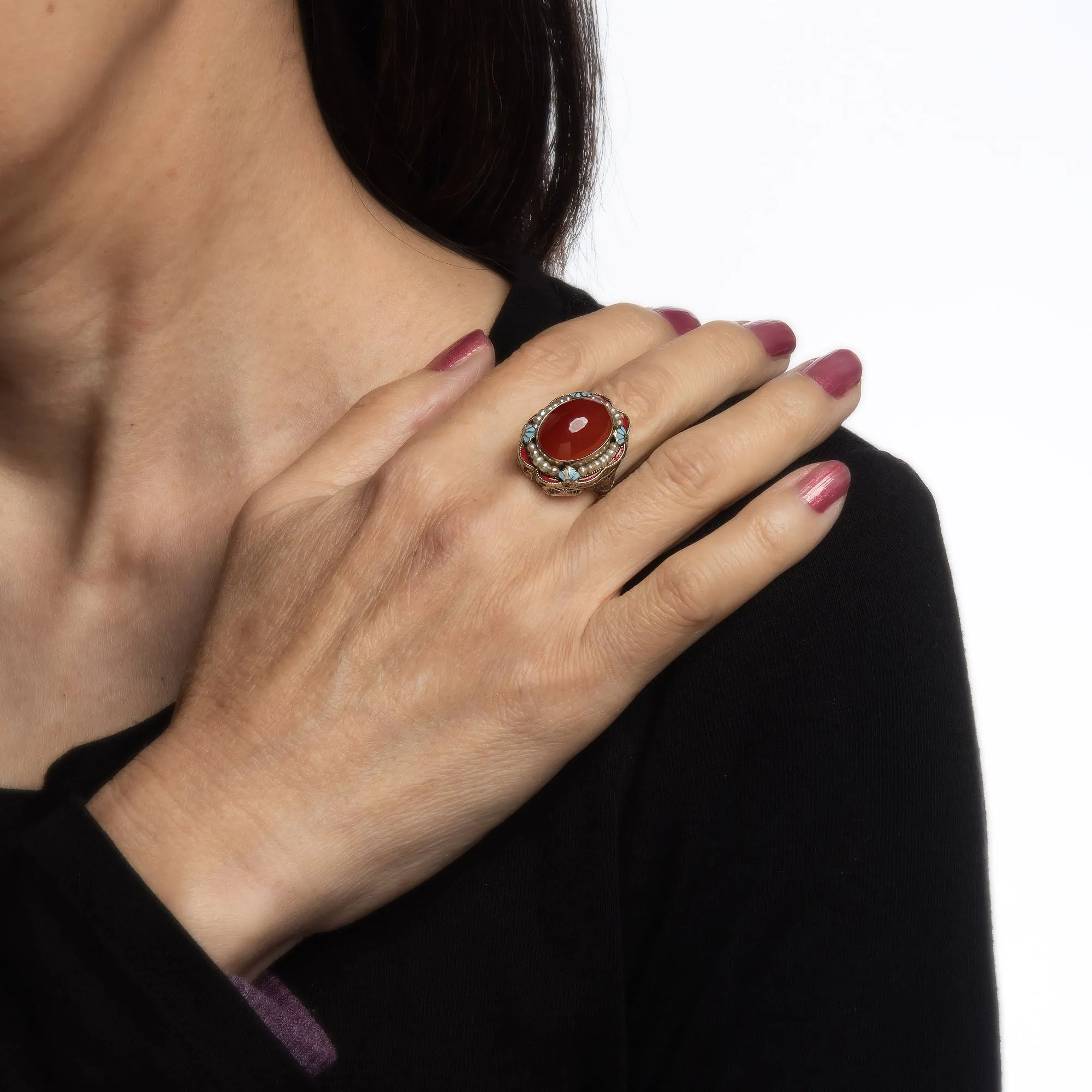 Vintage Art Deco Ring Carnelian Blue Enamel 14k White Gold Filigree Sz 6.5